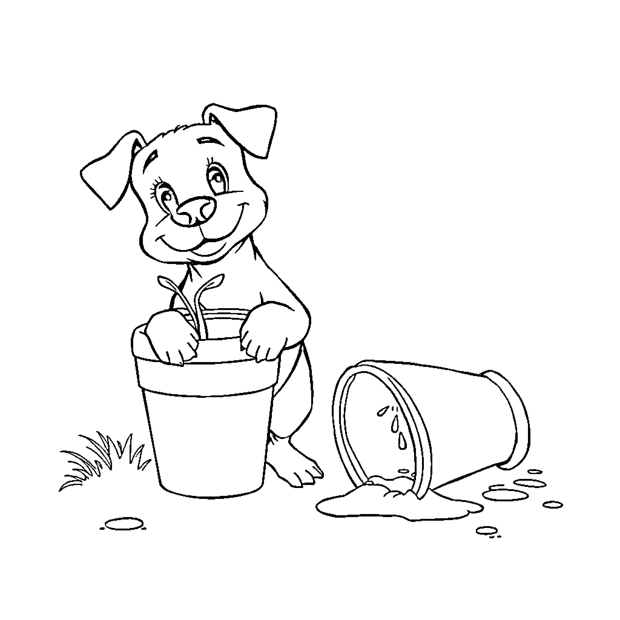 Dog playing in a potted plant Coloring Page (free black-and-white line drawing printable PDF for all, from beginners to advanced learners, including children, teens, adults, and seniors)
