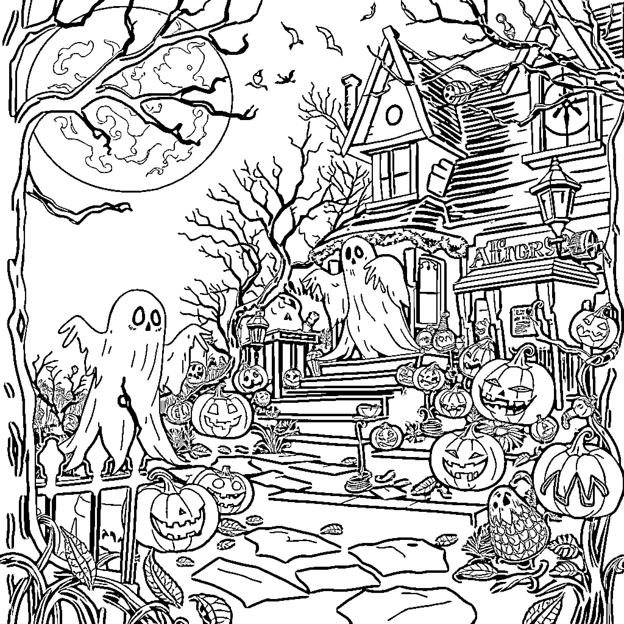 Halloween Haunted House with Ghosts and Pumpkins Coloring Page (free black-and-white line drawing printable PDF for all, from beginners to advanced learners, including children, teens, adults, and seniors)
