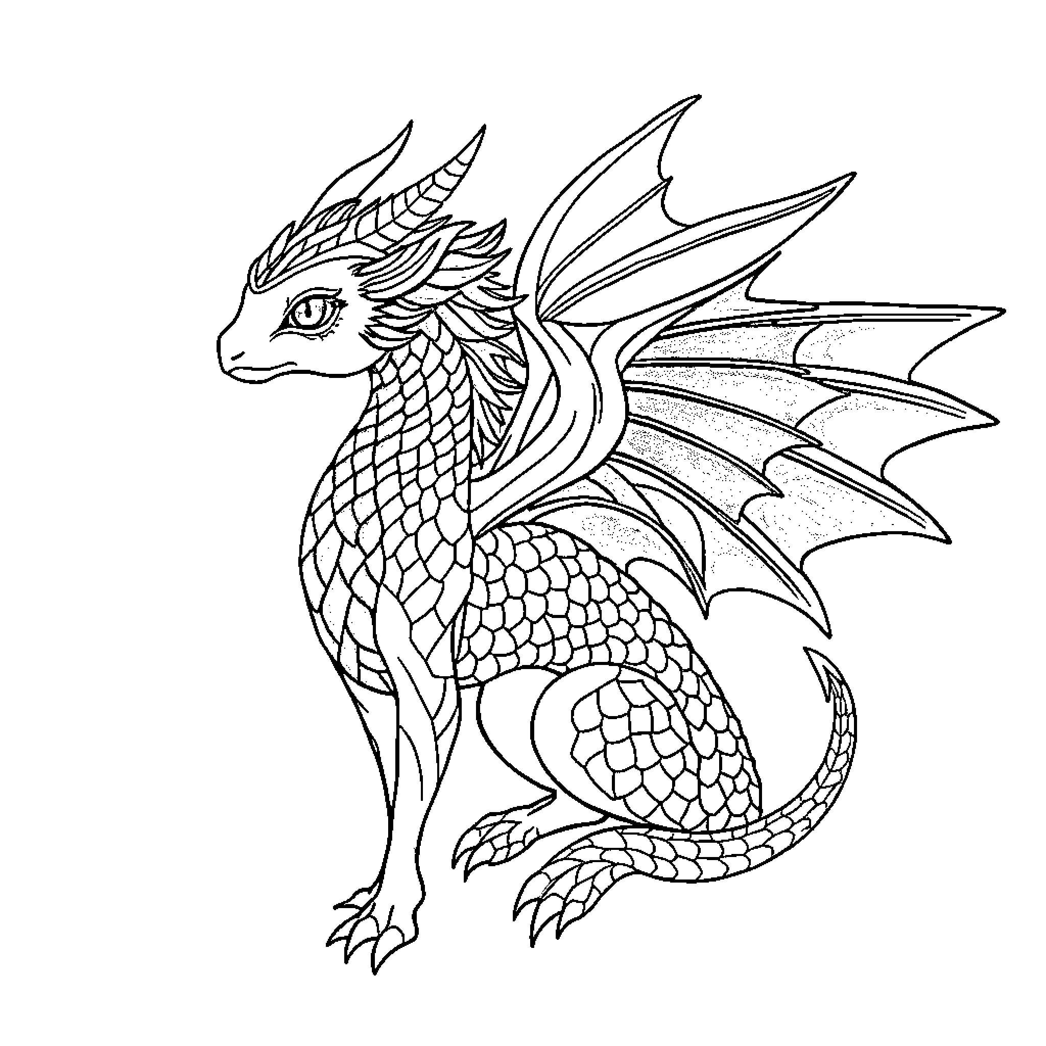 Creature with Fantastical Winged Reptilian Features Coloring Page (free black-and-white line drawing printable PDF for all, from beginners to advanced learners, including children, teens, adults, and seniors)