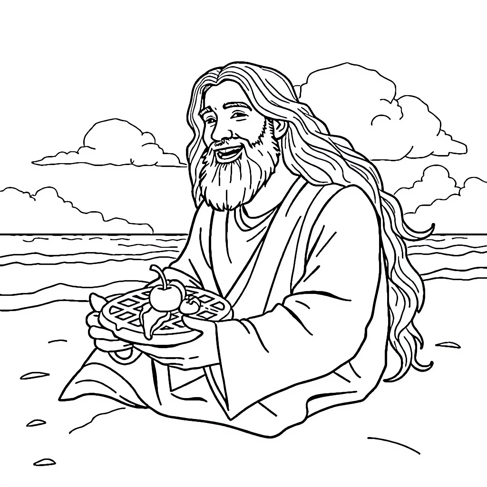 Jesus sharing food with followers by the sea Coloring Page (free black-and-white line drawing printable PDF for all, from beginners to advanced learners, including children, teens, adults, and seniors)