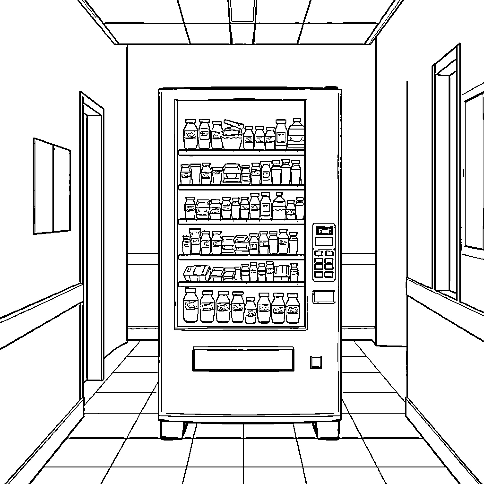 Vending Machine Stocked with Various Products Coloring Page (free black-and-white line drawing printable PDF for all, from beginners to advanced learners, including children, teens, adults, and seniors)