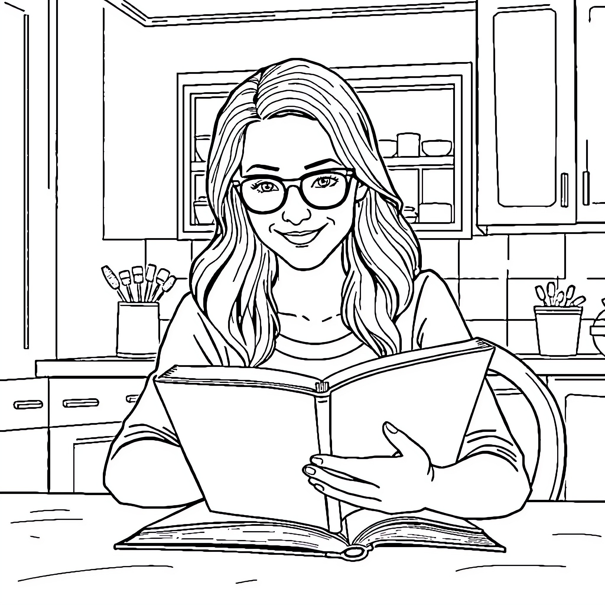 Wife studying diligently in kitchen Coloring Page (free black-and-white line drawing printable PDF for all, from beginners to advanced learners, including children, teens, adults, and seniors)