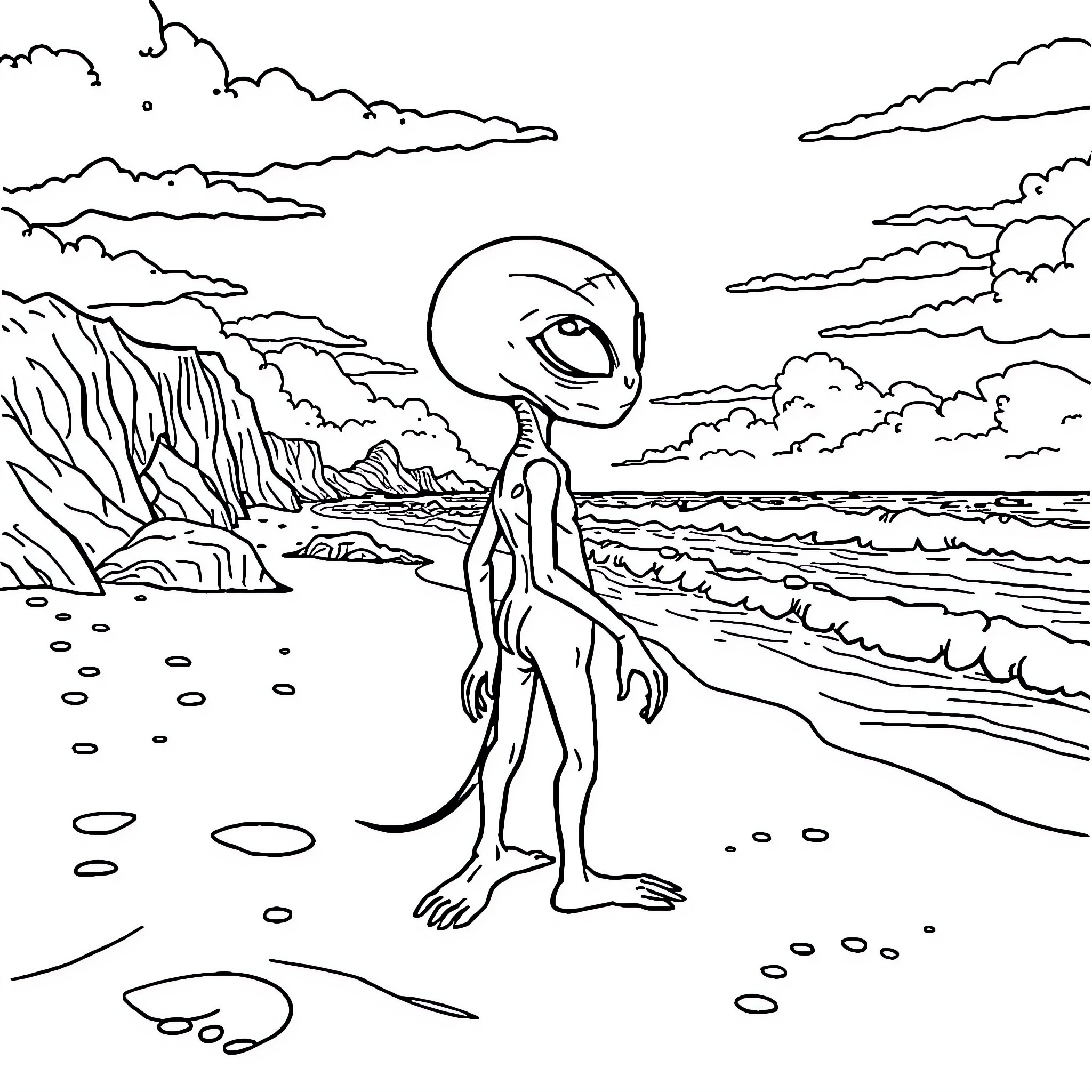 Alien observing the serene coastal landscape Coloring Page (free black-and-white line drawing printable PDF for all, from beginners to advanced learners, including children, teens, adults, and seniors)