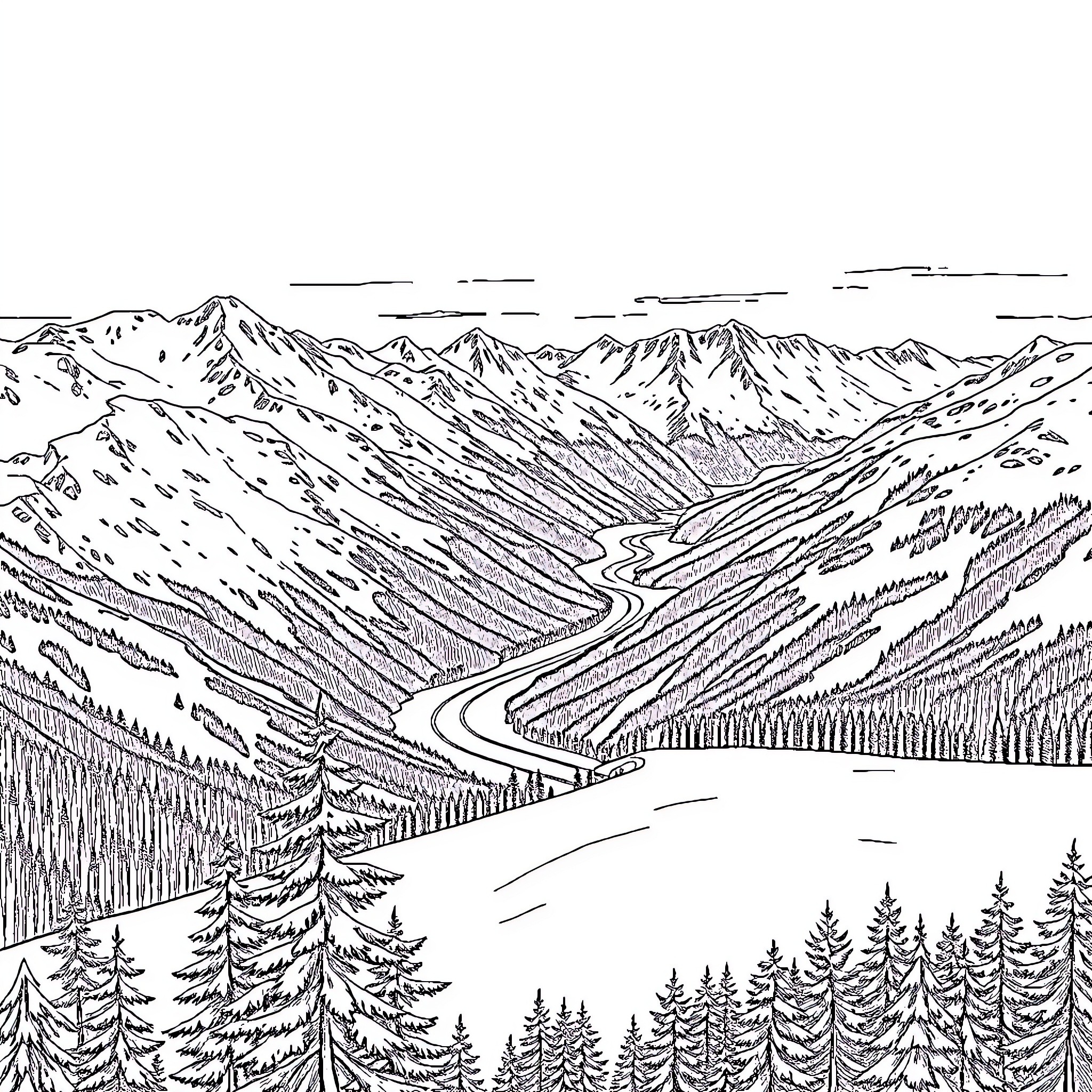 View of Majestic Mountain Landscape with Winding Road Coloring Page (free black-and-white line drawing printable PDF for all, from beginners to advanced learners, including children, teens, adults, and seniors)