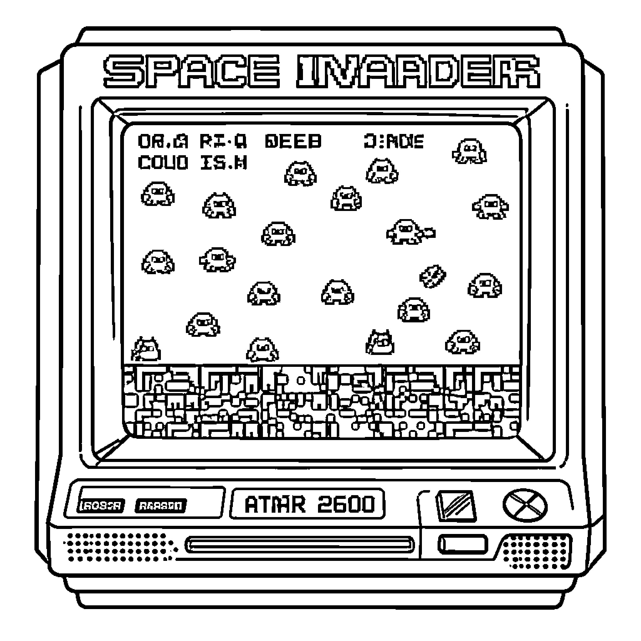 Space Invader game displayed on a retro television screen Coloring Page (free black-and-white line drawing printable PDF for all, from beginners to advanced learners, including children, teens, adults, and seniors)