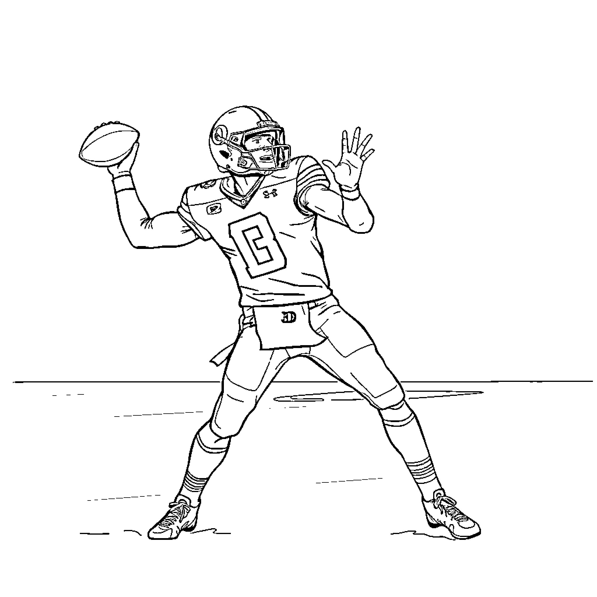 Dante Moore throwing football in action Coloring Page (free black-and-white line drawing printable PDF for all, from beginners to advanced learners, including children, teens, adults, and seniors)