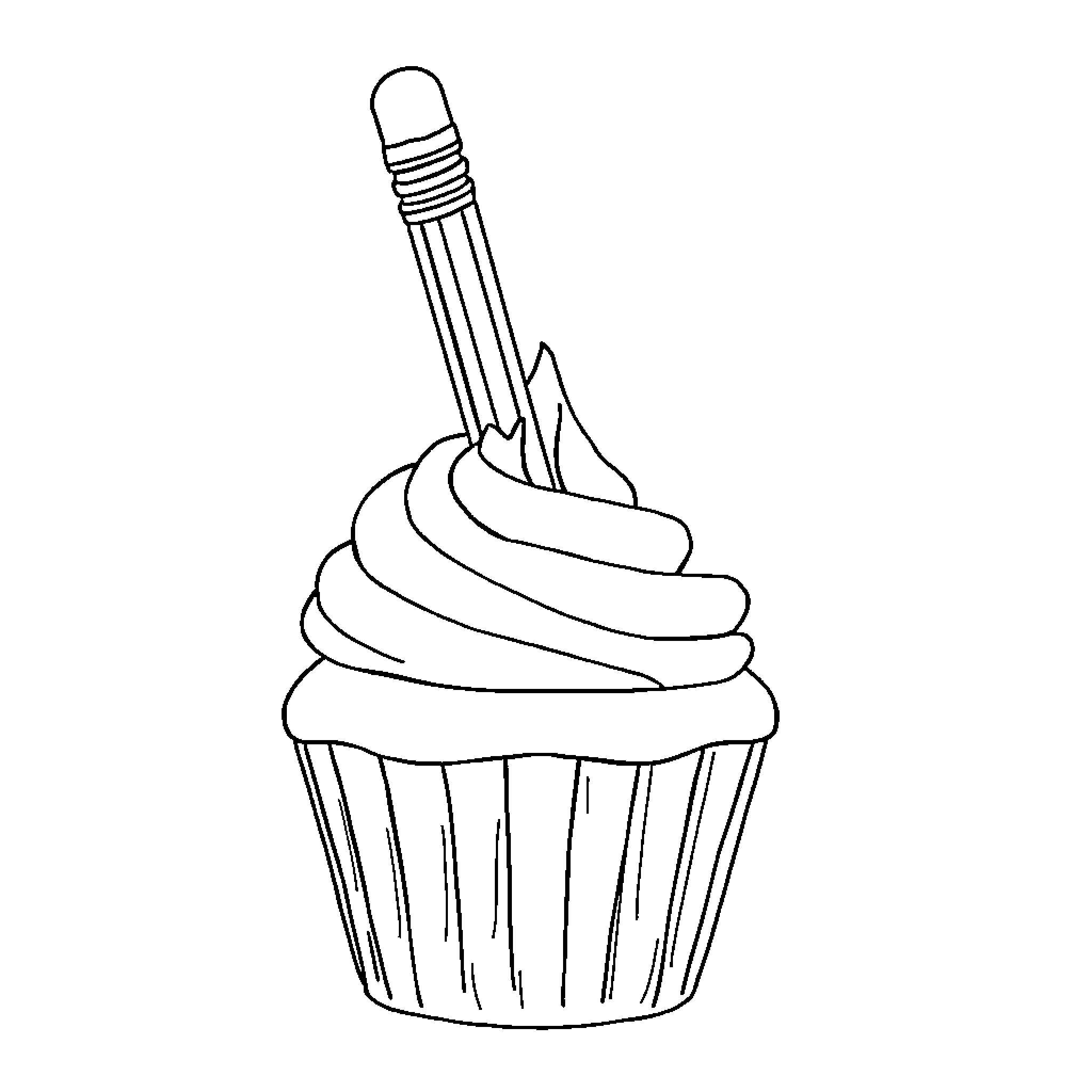 Cupcake with a Pencil Topping Coloring Page (free black-and-white line drawing printable PDF for all, from beginners to advanced learners, including children, teens, adults, and seniors)
