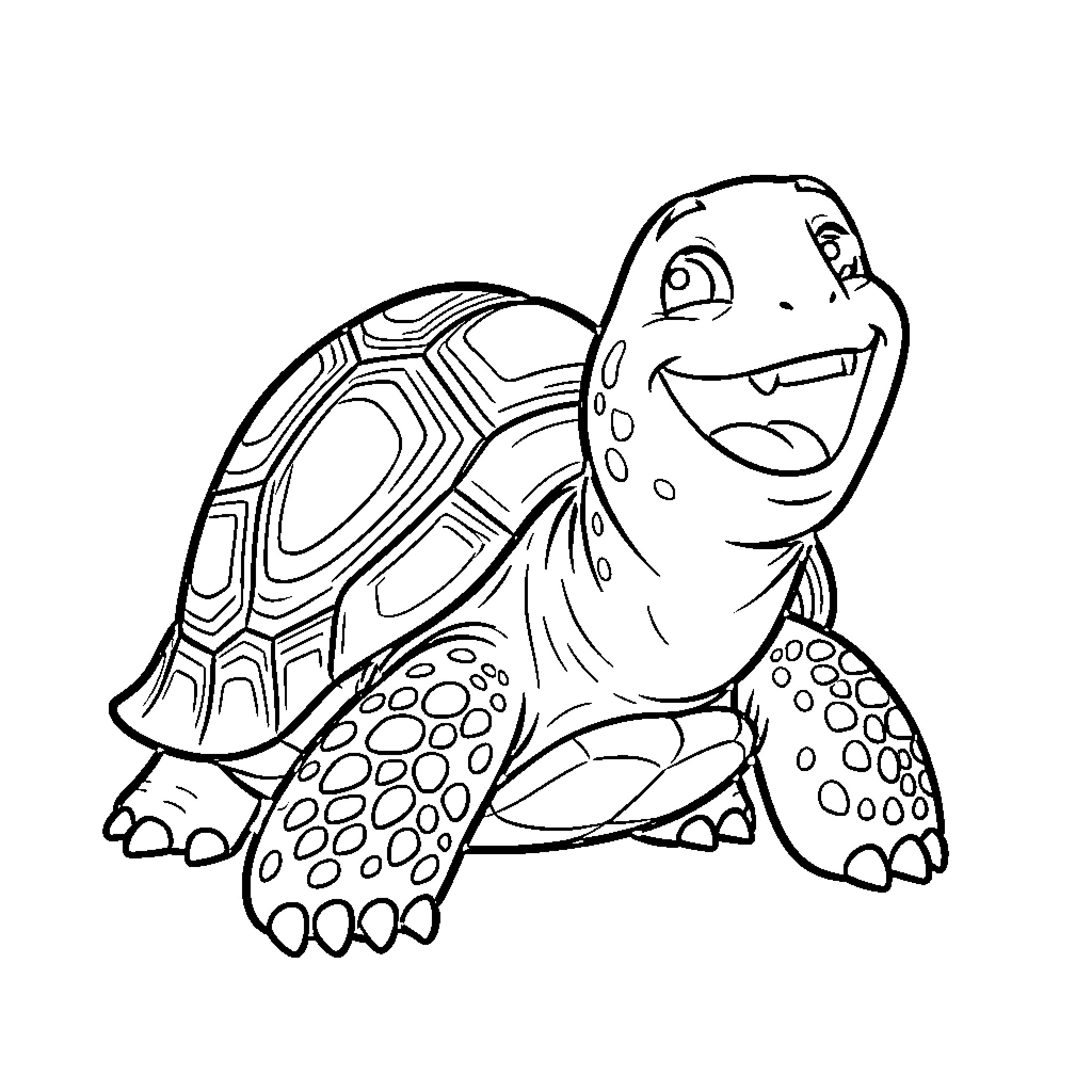 Turtle smiling joyfully while looking upwards Coloring Page (free black-and-white line drawing printable PDF for all, from beginners to advanced learners, including children, teens, adults, and seniors)