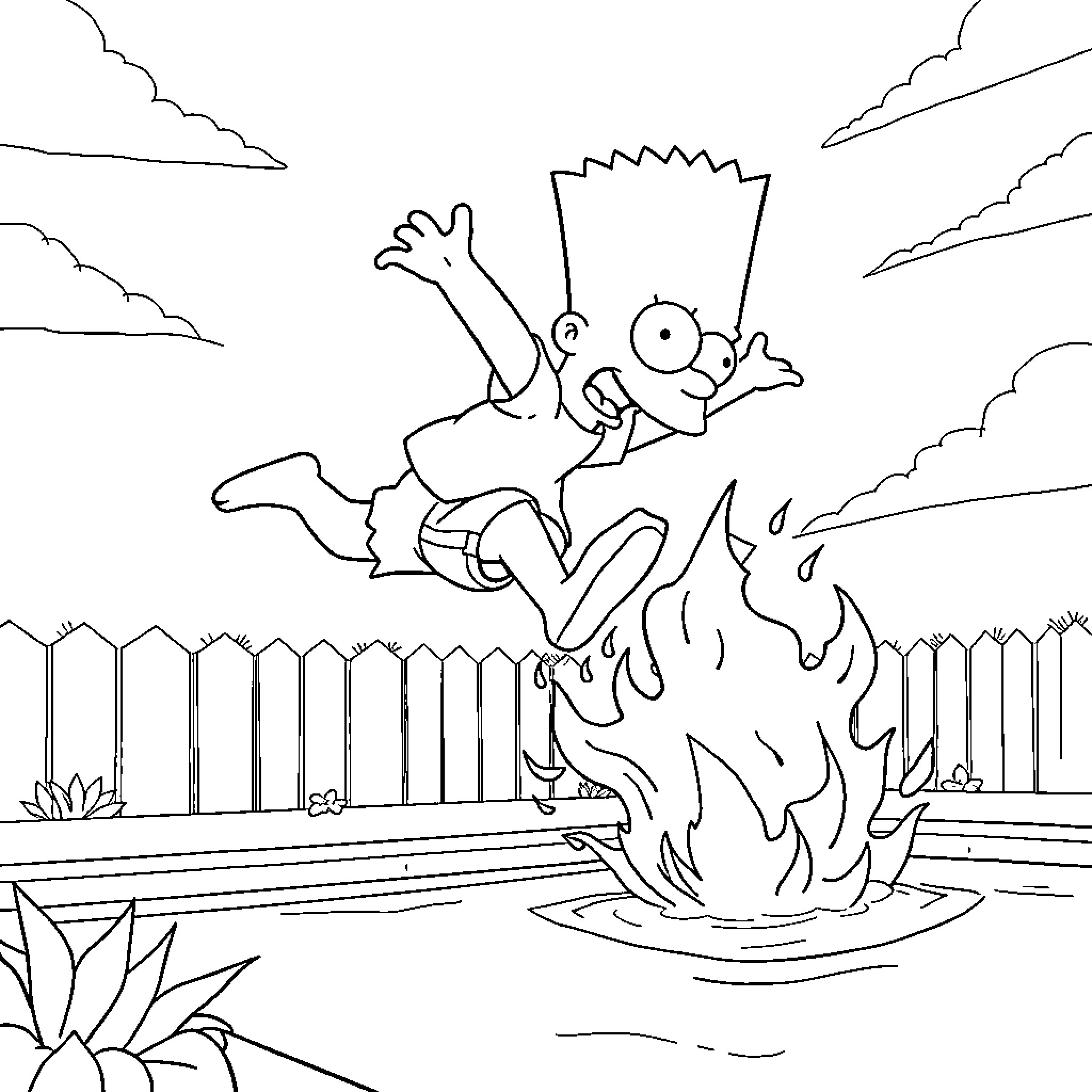 Bart Simpson in fiery chaos Coloring Page (free black-and-white line drawing printable PDF for all, from beginners to advanced learners, including children, teens, adults, and seniors)