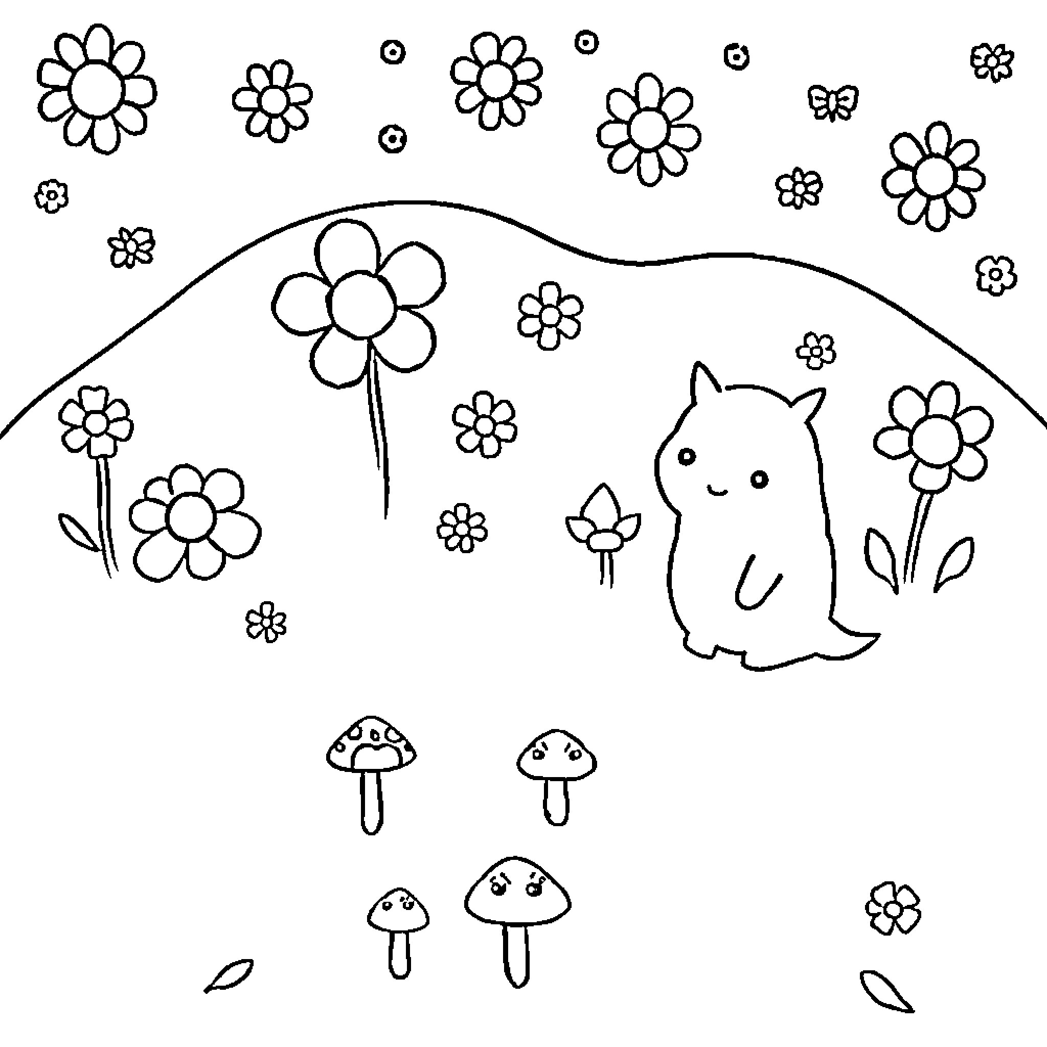 Flower Creature amongst Blooming Flowers Coloring Page (free black-and-white line drawing printable PDF for all, from beginners to advanced learners, including children, teens, adults, and seniors)