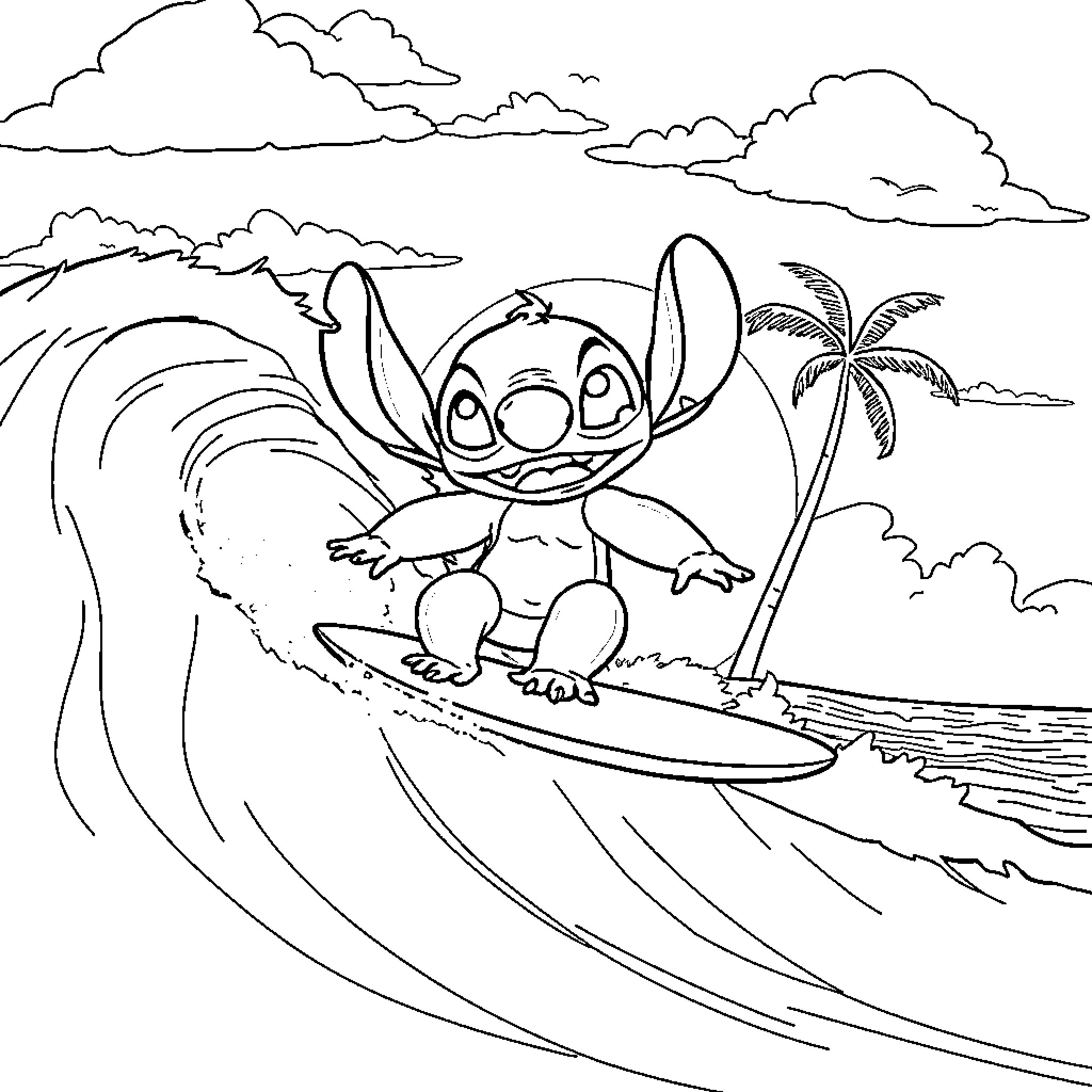 Stitch surfs the waves on a tropical beach Coloring Page (free black-and-white line drawing printable PDF for all, from beginners to advanced learners, including children, teens, adults, and seniors)