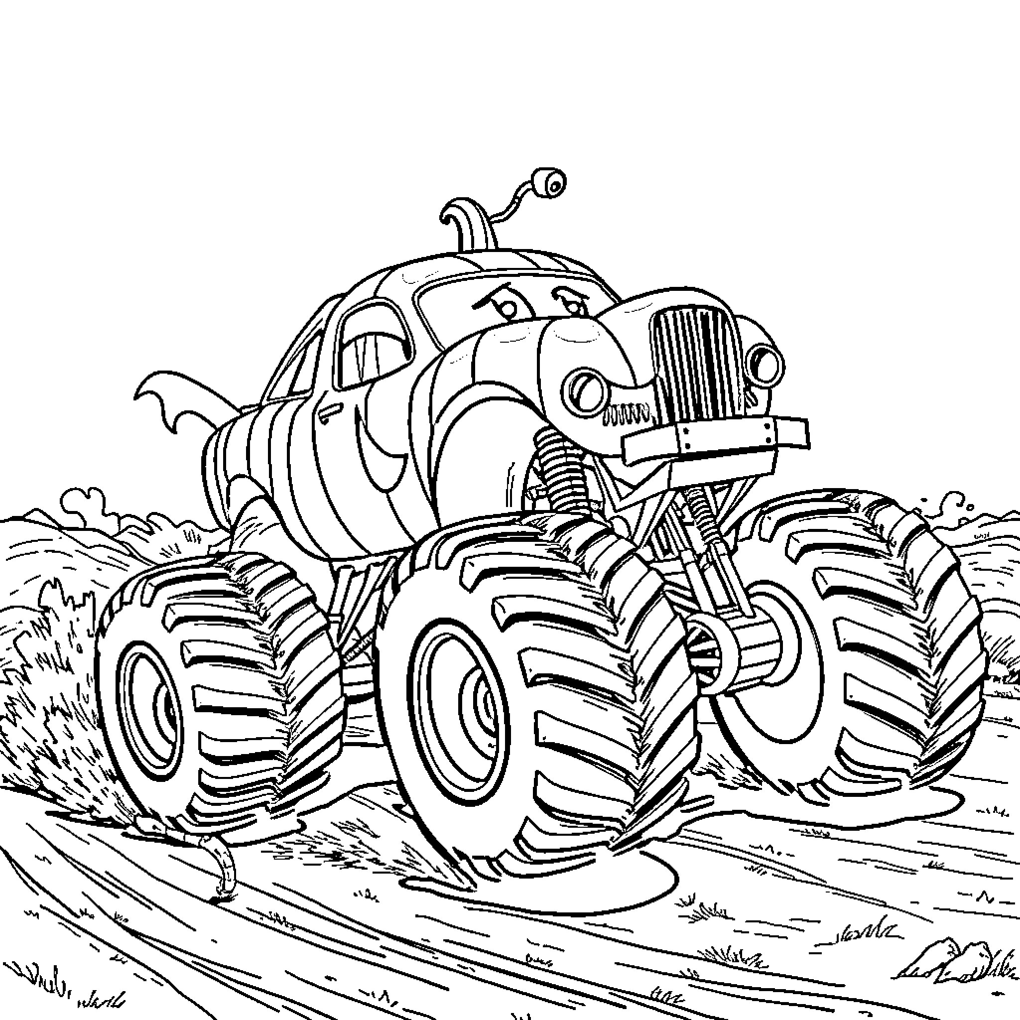 Monster Truck Crushing the Terrain Coloring Page (free black-and-white line drawing printable PDF for all, from beginners to advanced learners, including children, teens, adults, and seniors)