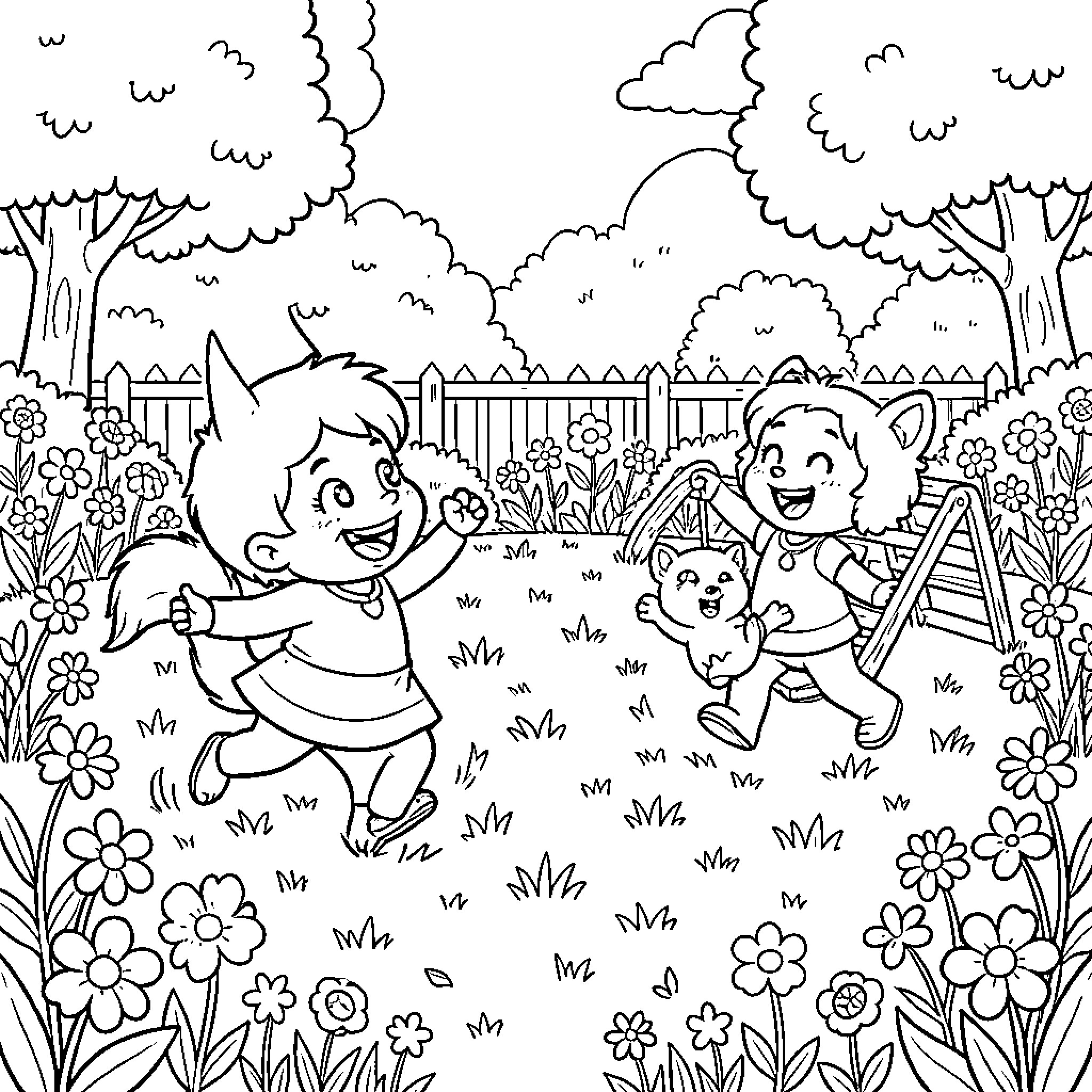 Paw Patrol characters playing joyfully in a flowery meadow Coloring Page (free black-and-white line drawing printable PDF for all, from beginners to advanced learners, including children, teens, adults, and seniors)