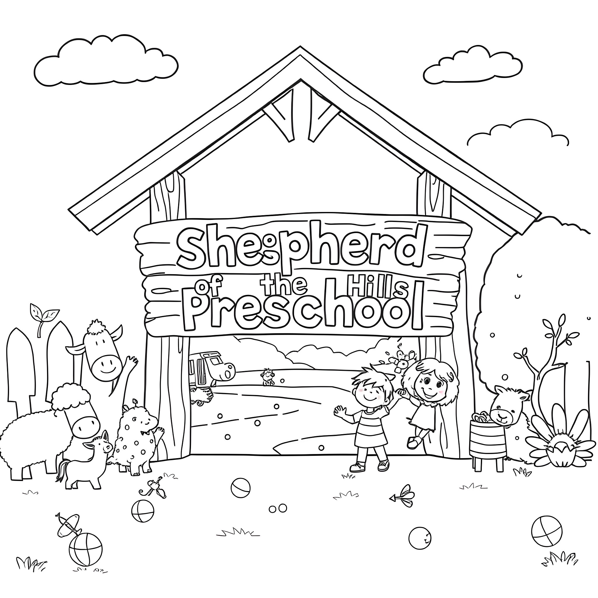 Shepherd's Preschool Playground Adventure Coloring Page (free black-and-white line drawing printable PDF for all, from beginners to advanced learners, including children, teens, adults, and seniors)