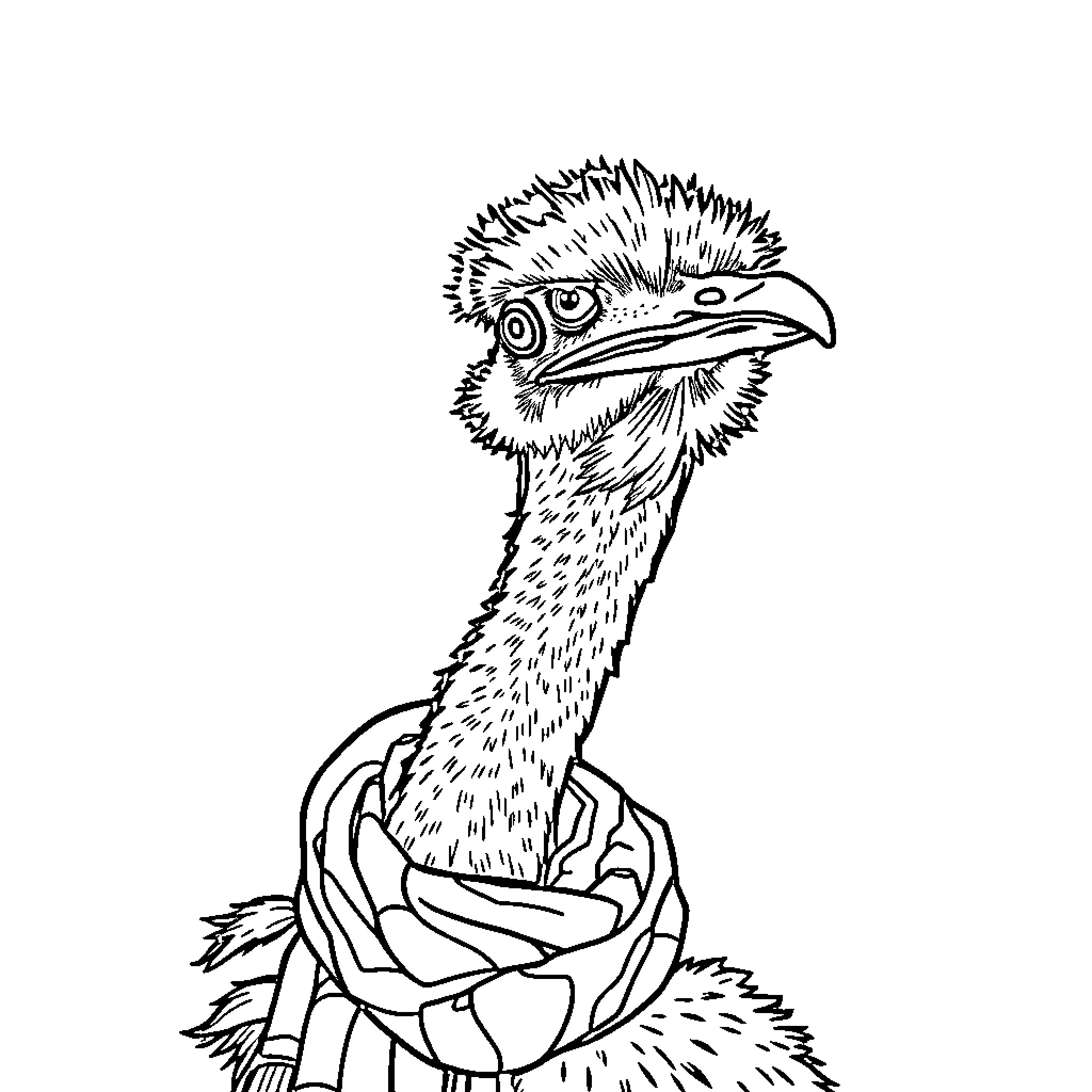 Ostrich in comical pose Coloring Page (free black-and-white line drawing printable PDF for all, from beginners to advanced learners, including children, teens, adults, and seniors)