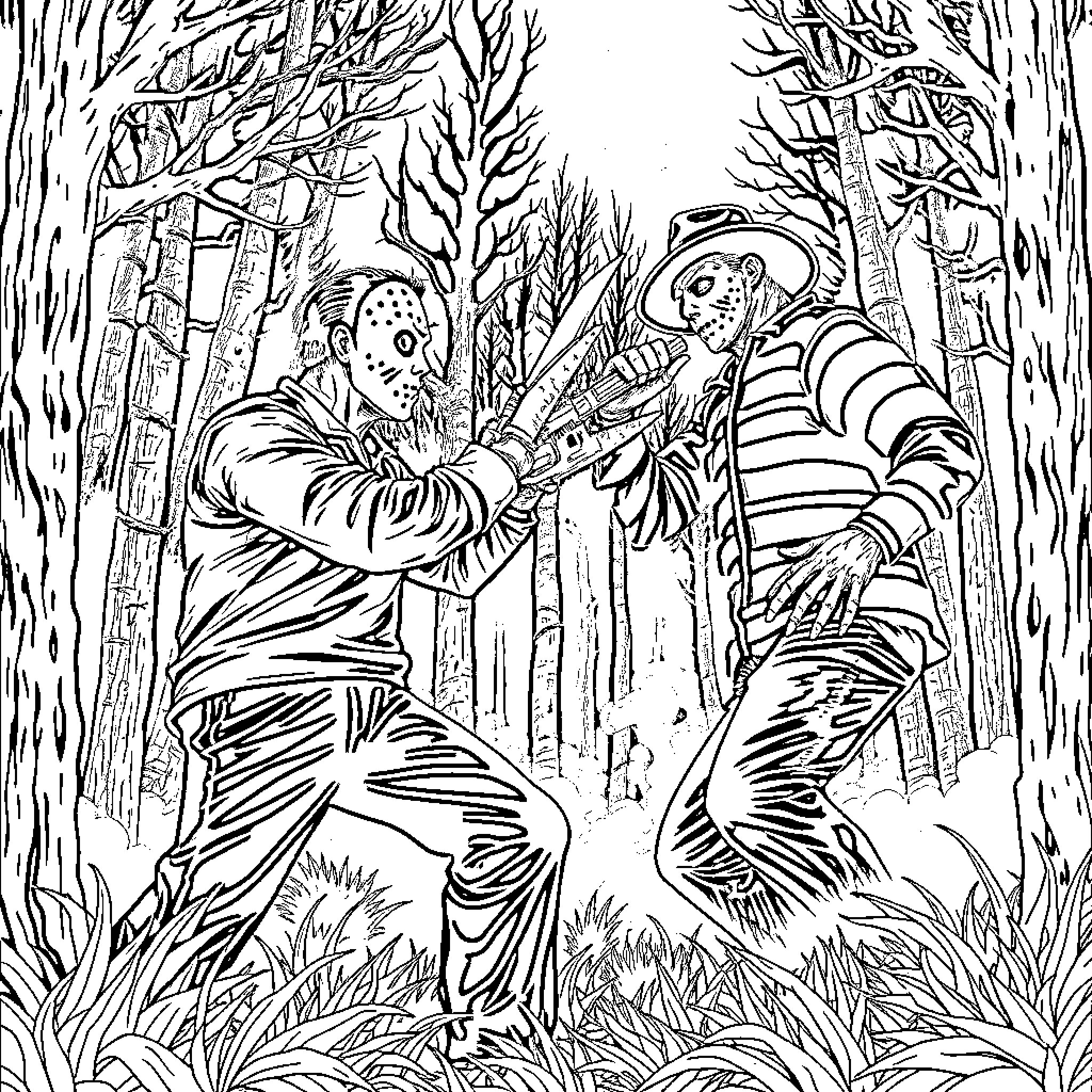 Freddy Krueger confronting a mysterious figure in the woods Coloring Page (free black-and-white line drawing printable PDF for all, from beginners to advanced learners, including children, teens, adults, and seniors)