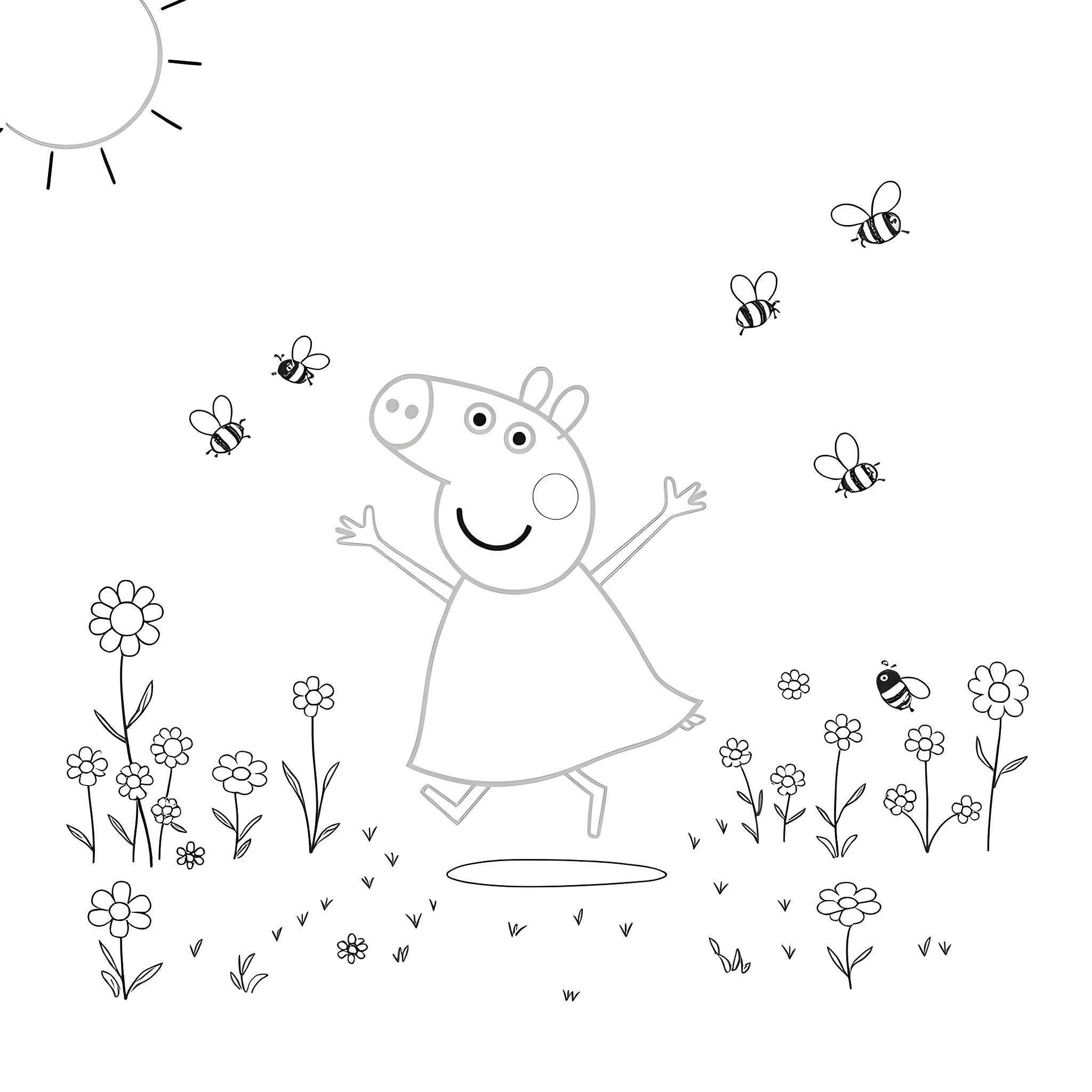 Peppa Pig playing happily in a floral meadow Coloring Page (free black-and-white line drawing printable PDF for all, from beginners to advanced learners, including children, teens, adults, and seniors)