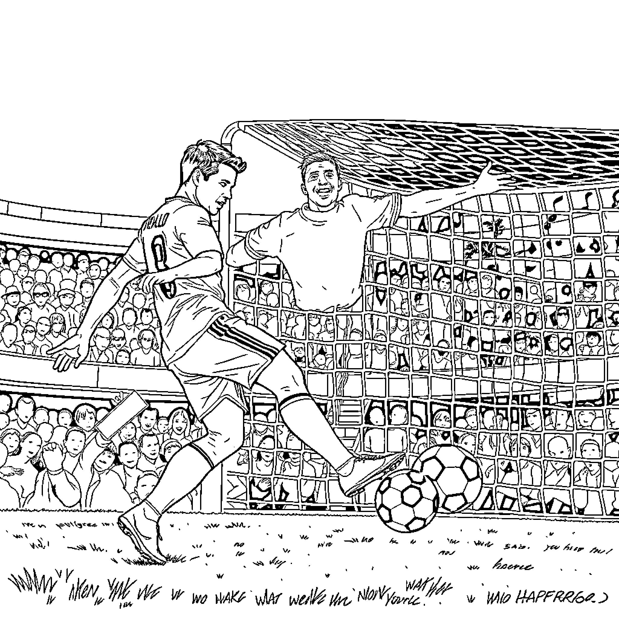 Cristian Ronaldo players competing in football match Coloring Page (free black-and-white line drawing printable PDF for all, from beginners to advanced learners, including children, teens, adults, and seniors)