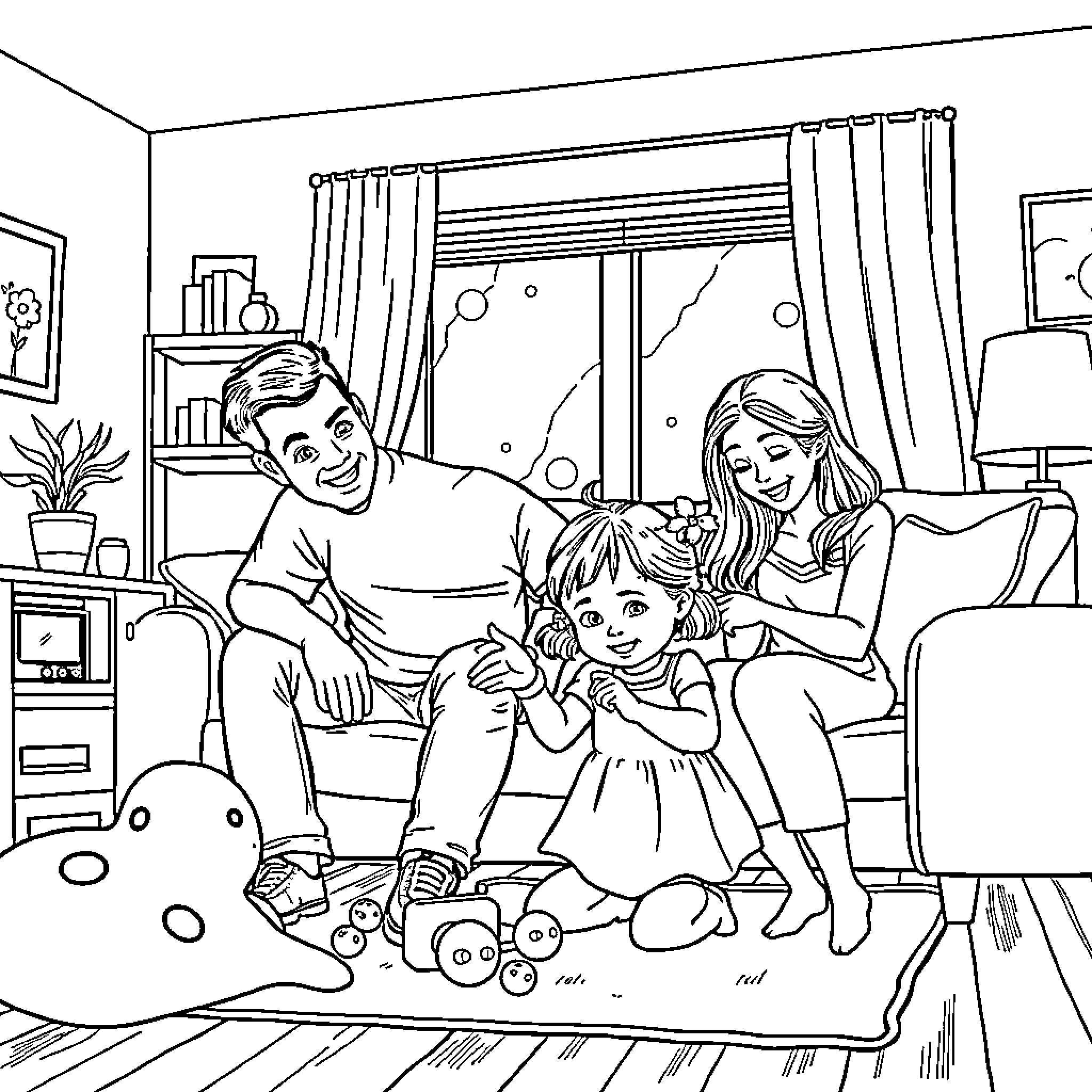 Family Relaxing and Playing Together at Home Coloring Page (free black-and-white line drawing printable PDF for all, from beginners to advanced learners, including children, teens, adults, and seniors)