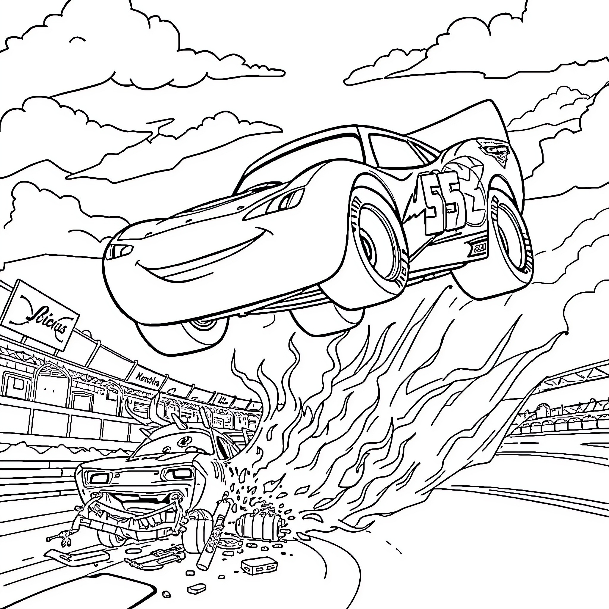Lightning McQueen's dramatic racing scene Coloring Page (free black-and-white line drawing printable PDF for all, from beginners to advanced learners, including children, teens, adults, and seniors)