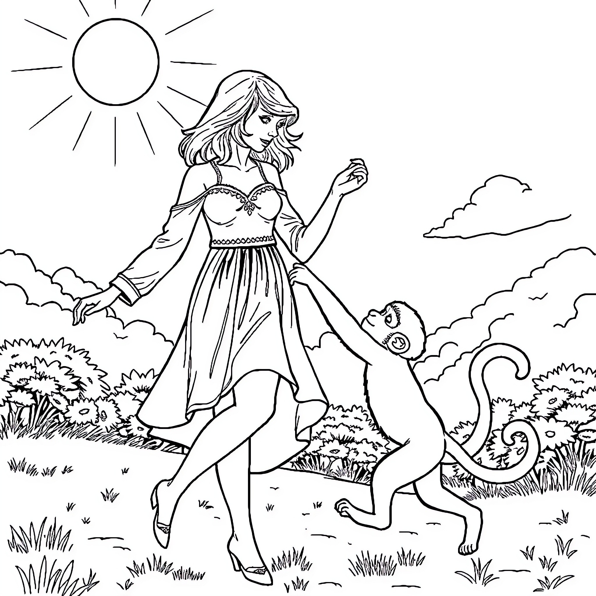 Taylor Swift dancing playfully with a monkey in a sunny field Coloring Page (free black-and-white line drawing printable PDF for all, from beginners to advanced learners, including children, teens, adults, and seniors)