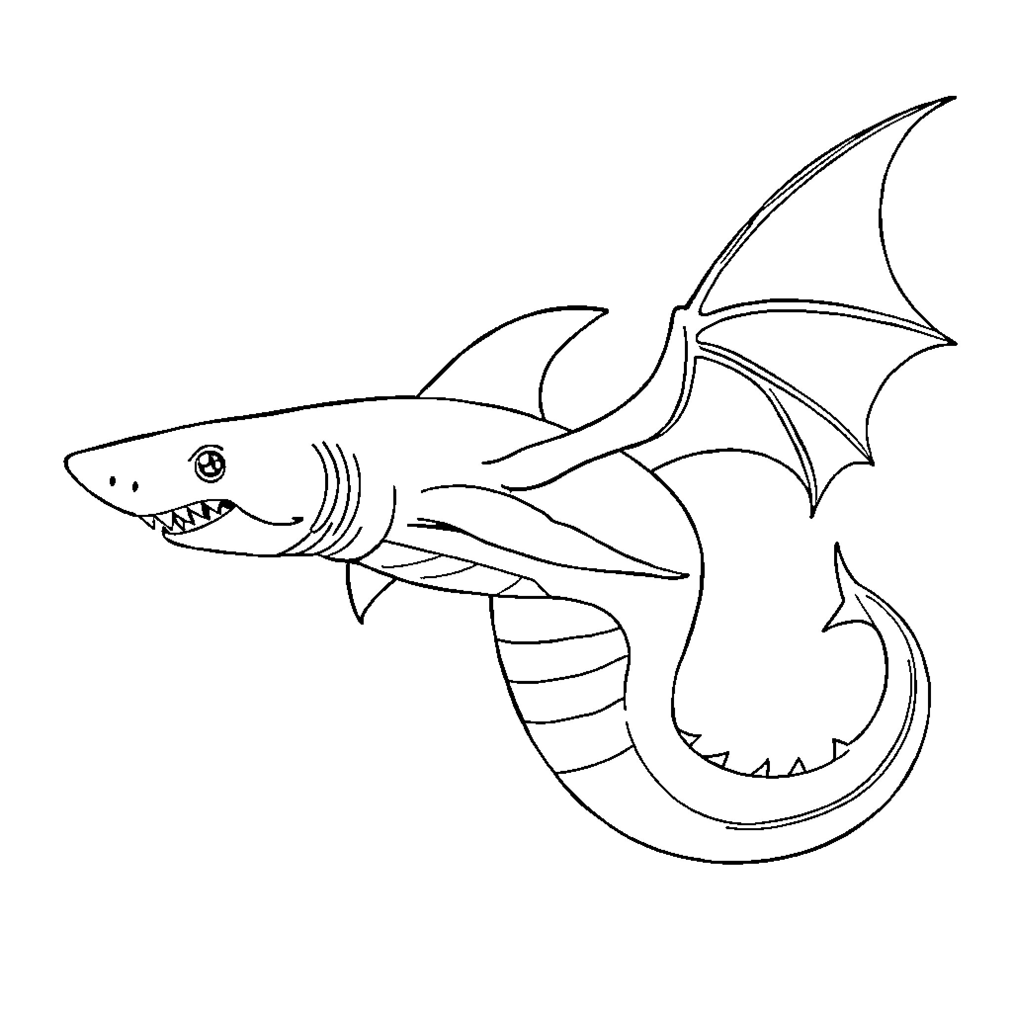 Sharkdragon flying with open jaws Coloring Page (free black-and-white line drawing printable PDF for all, from beginners to advanced learners, including children, teens, adults, and seniors)