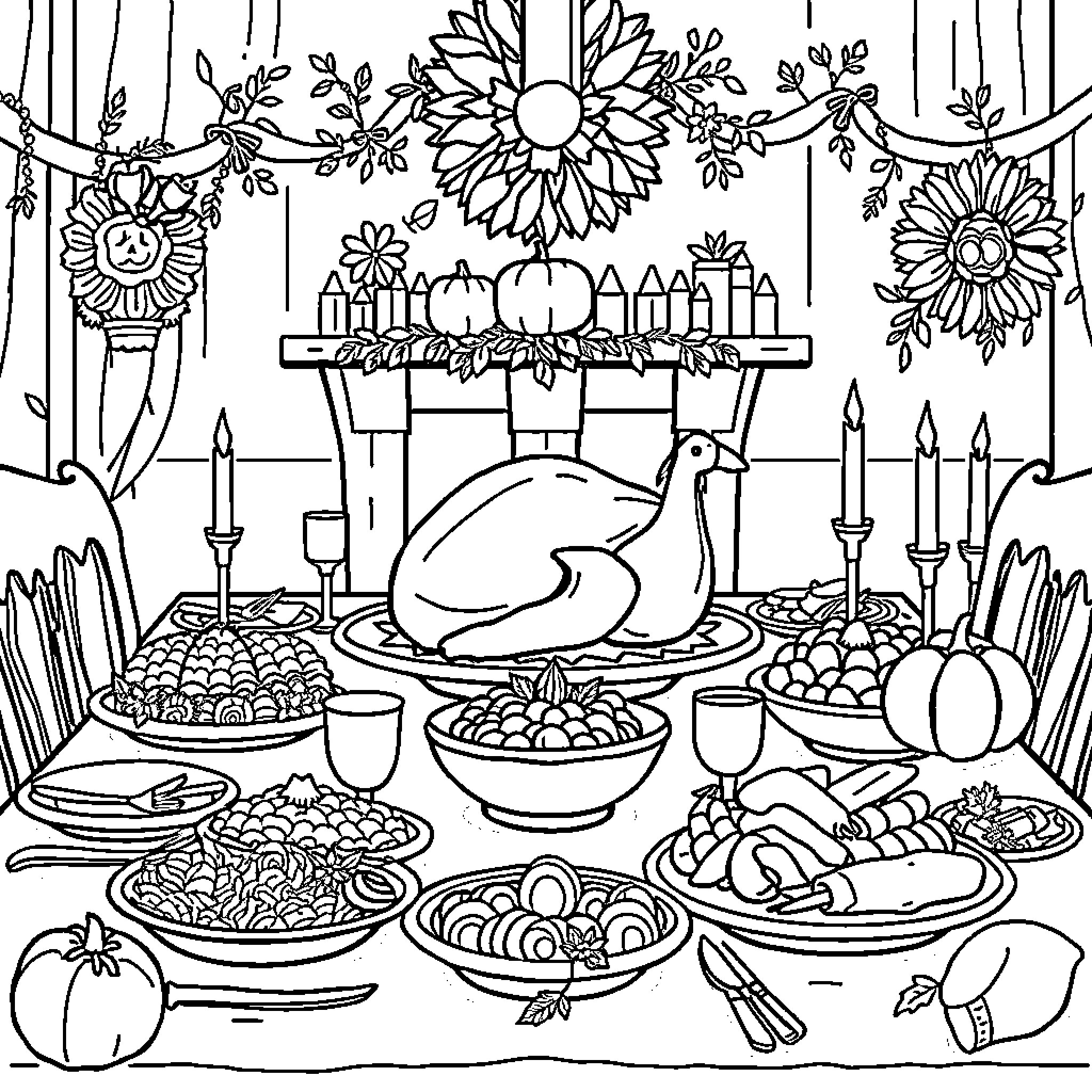 Thanksgiving Feast with Floral Decor and Delicious Dishes Coloring Page (free black-and-white line drawing printable PDF for all, from beginners to advanced learners, including children, teens, adults, and seniors)
