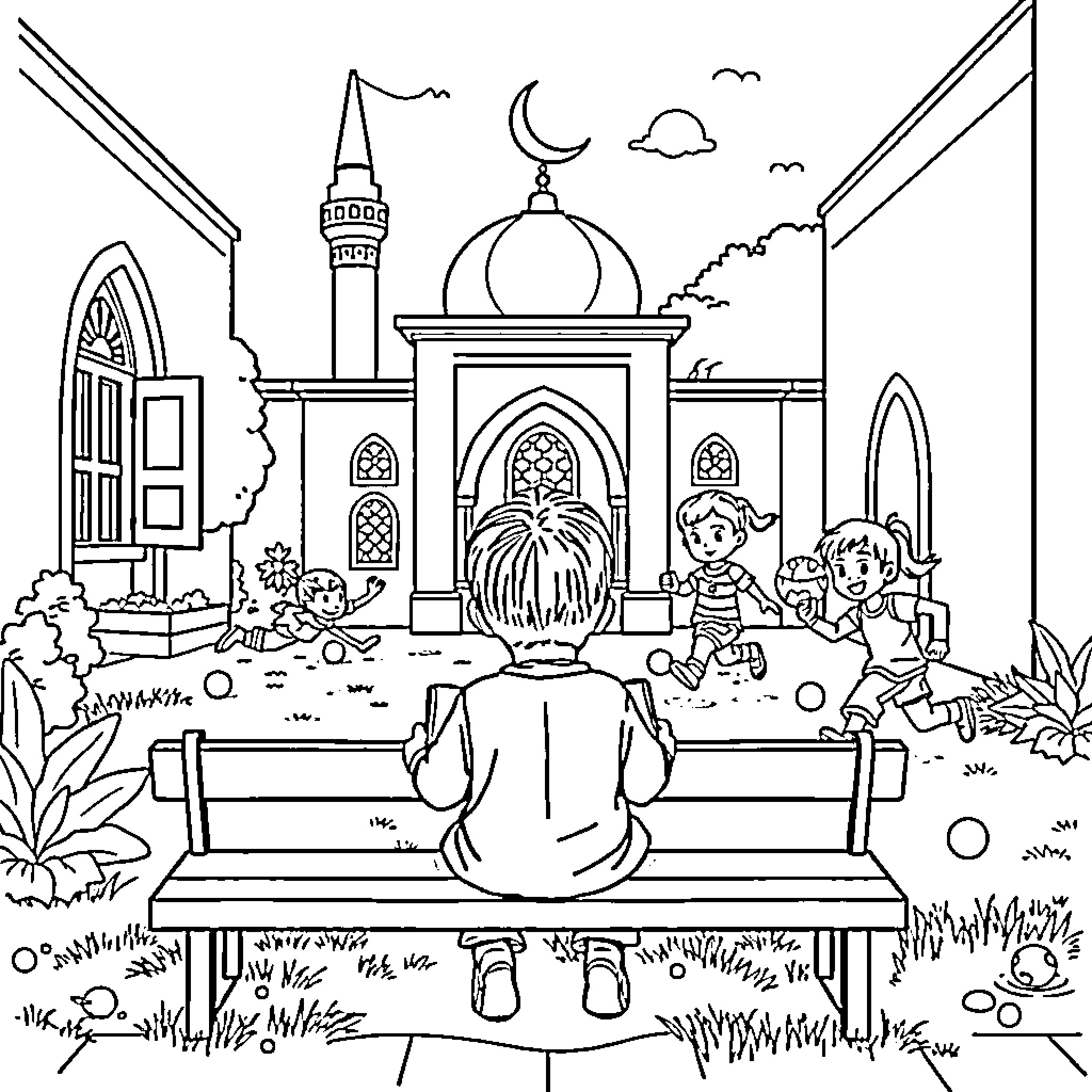 Child playing outside mosque with friends Coloring Page (free black-and-white line drawing printable PDF for all, from beginners to advanced learners, including children, teens, adults, and seniors)