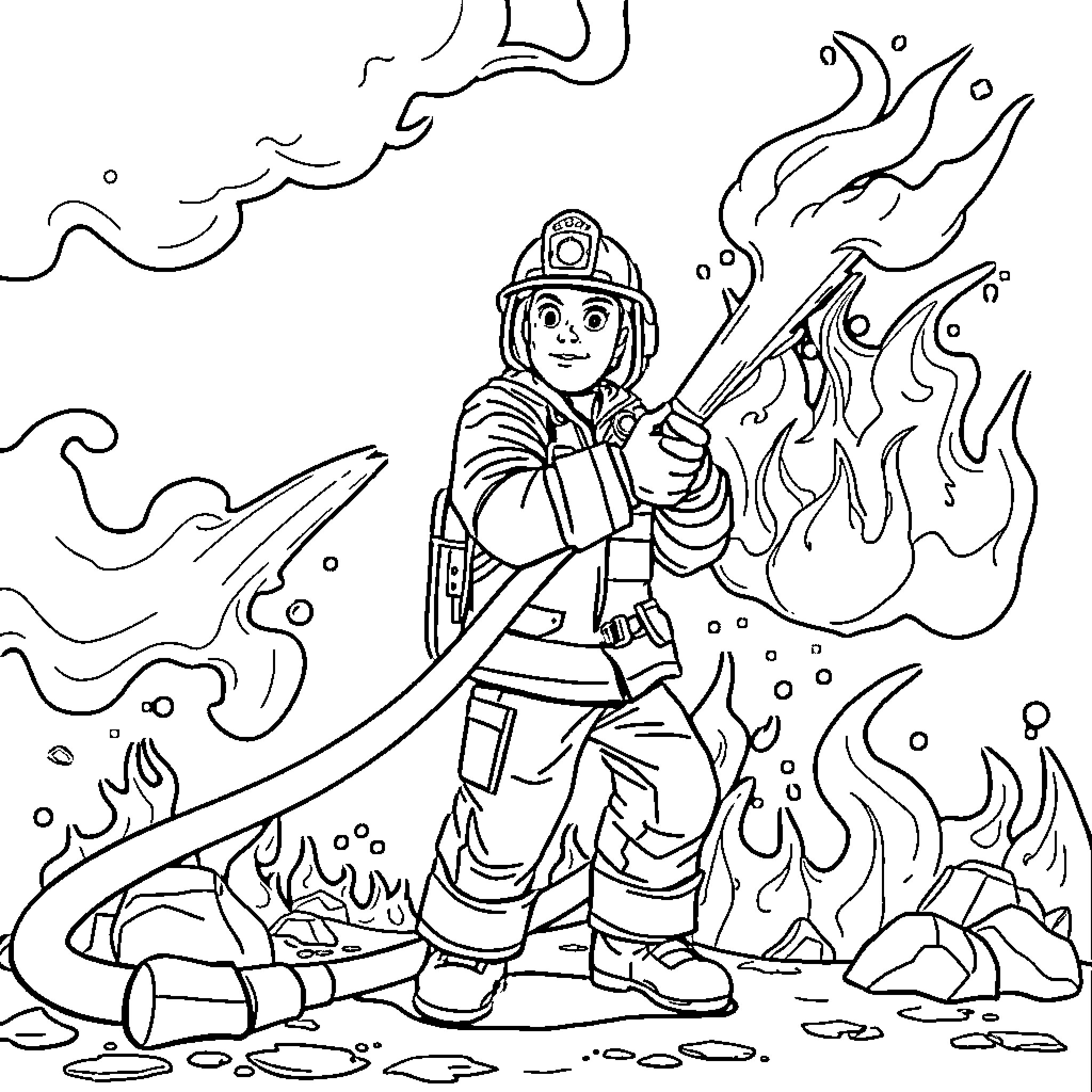 Firefighter battling blazing flames with hose Coloring Page (free black-and-white line drawing printable PDF for all, from beginners to advanced learners, including children, teens, adults, and seniors)