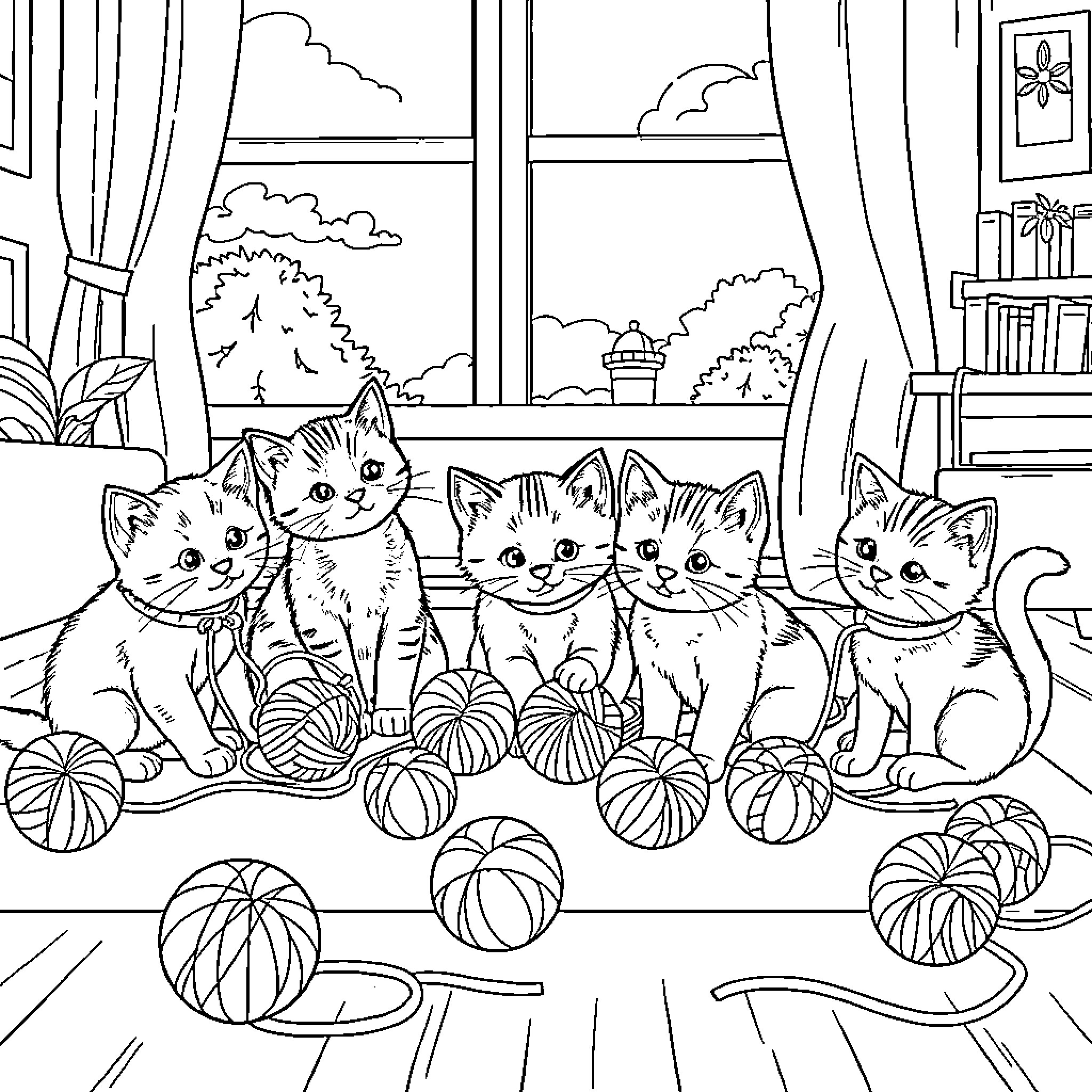 Cat kittens playing with yarn balls in cozy home Coloring Page (free black-and-white line drawing printable PDF for all, from beginners to advanced learners, including children, teens, adults, and seniors)