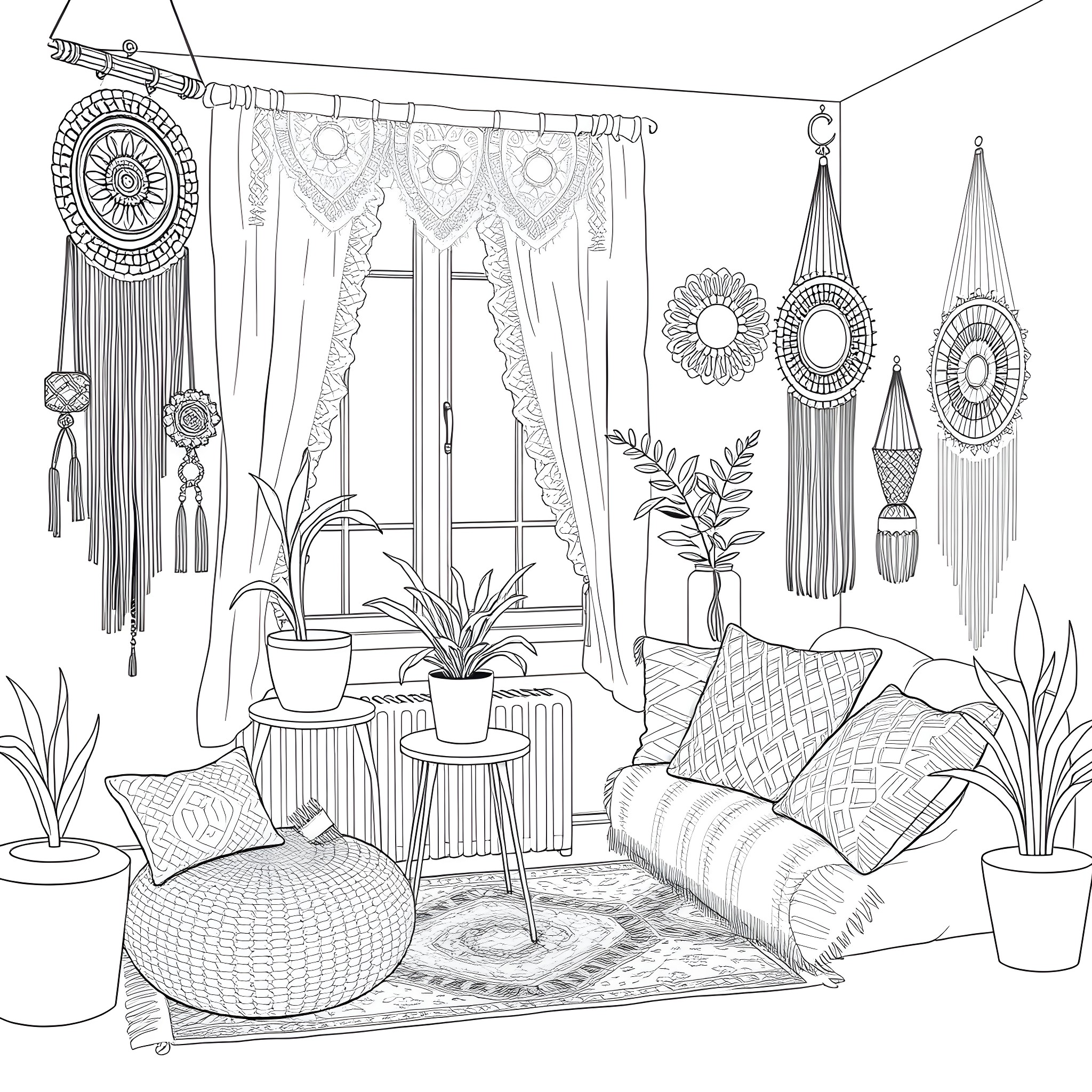 Macrame decor and cozy living room scene Coloring Page (free black-and-white line drawing printable PDF for all, from beginners to advanced learners, including children, teens, adults, and seniors)