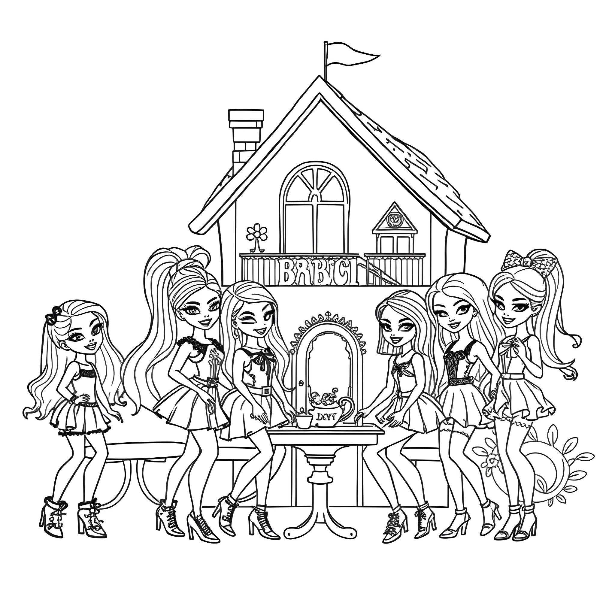 Bratz girls in front of their fashionable clubhouse Coloring Page (free black-and-white line drawing printable PDF for all, from beginners to advanced learners, including children, teens, adults, and seniors)