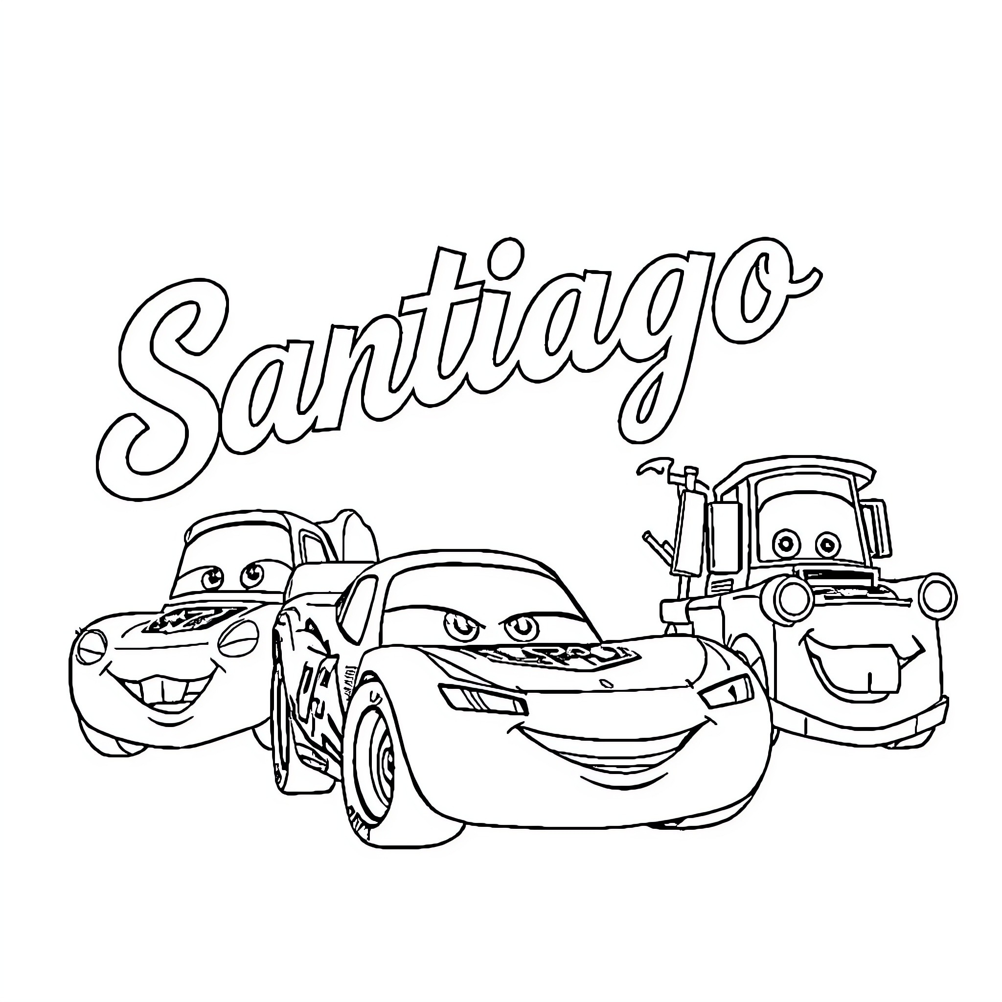 Cars with energetic expressions in Santiago Coloring Page (free black-and-white line drawing printable PDF for all, from beginners to advanced learners, including children, teens, adults, and seniors)