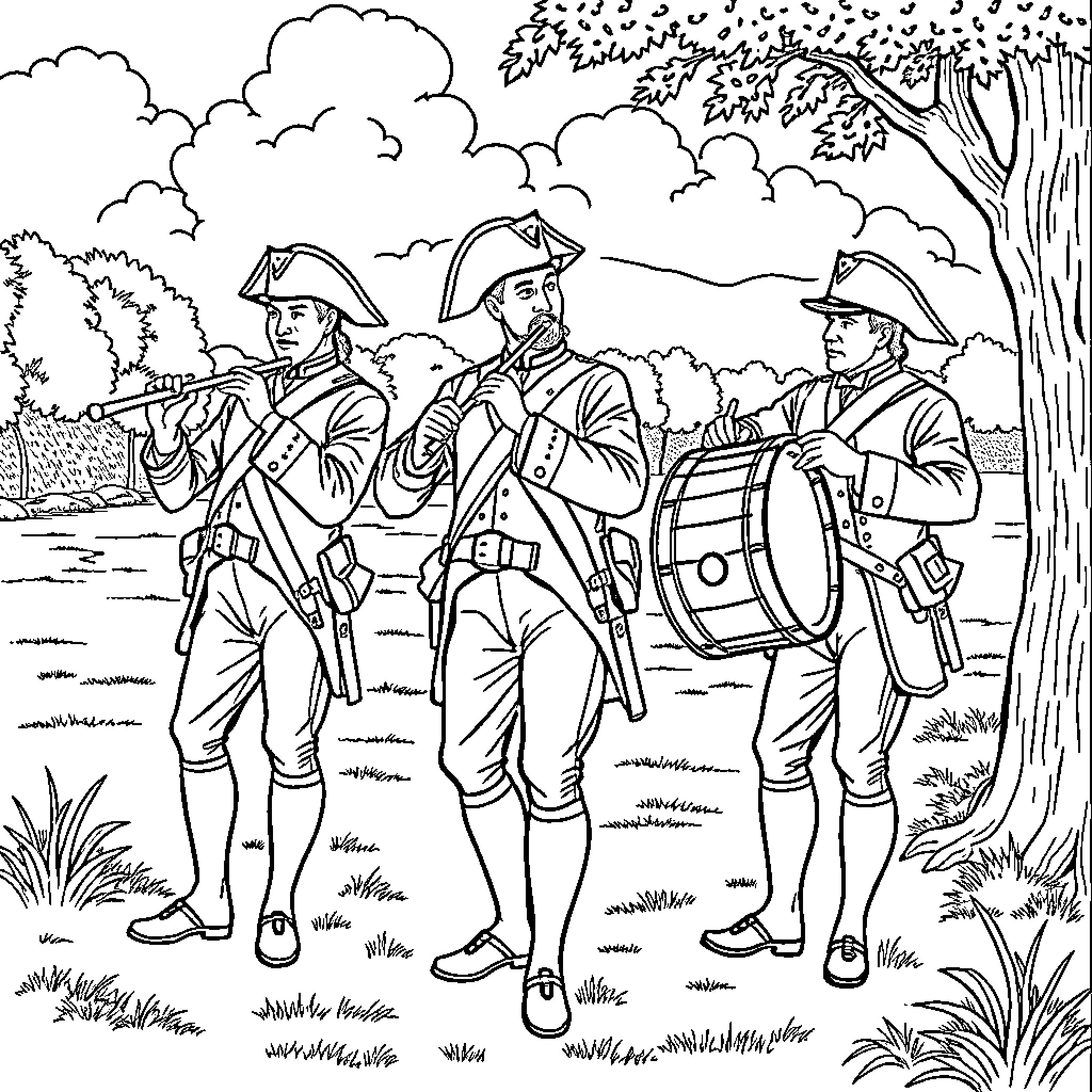 Fife and Drum Corps Marching in Parade Coloring Page (free black-and-white line drawing printable PDF for all, from beginners to advanced learners, including children, teens, adults, and seniors)