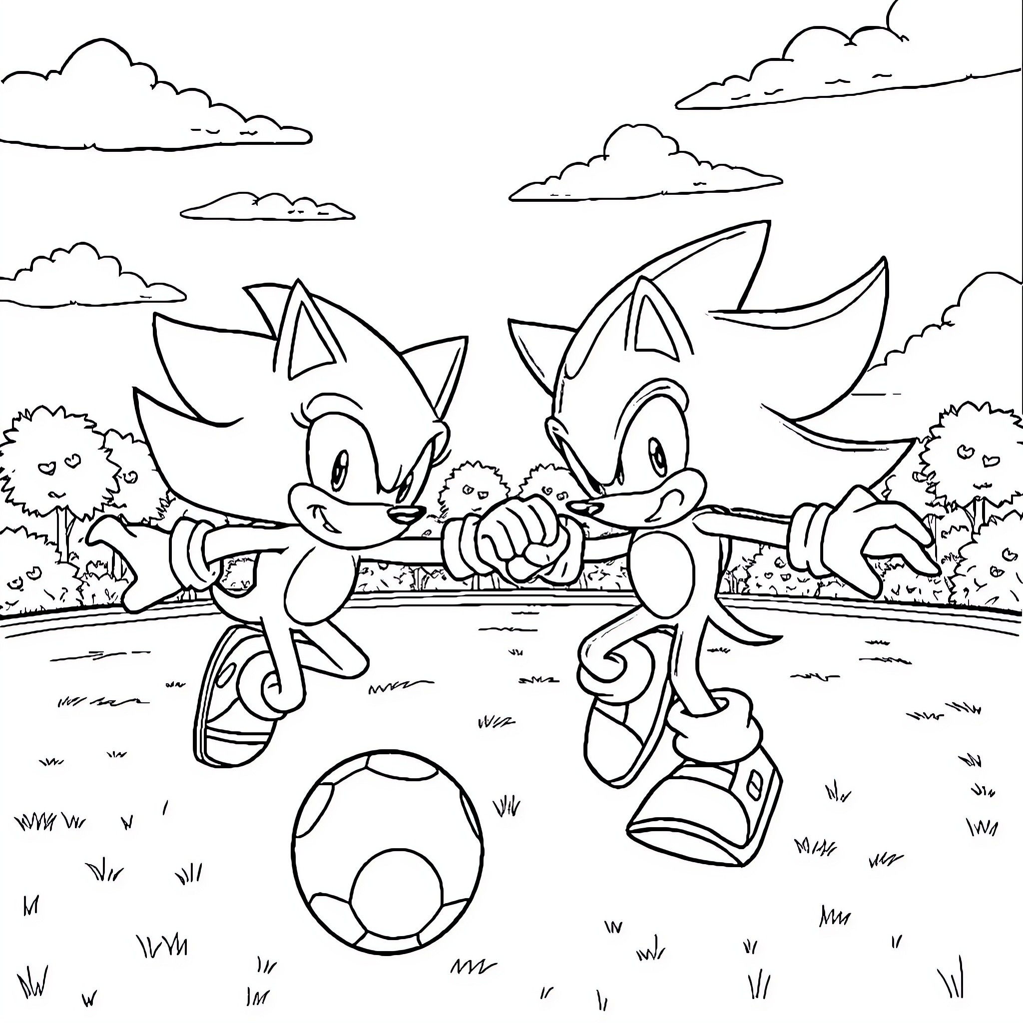 Sonic characters playfully racing and kicking a ball Coloring Page (free black-and-white line drawing printable PDF for all, from beginners to advanced learners, including children, teens, adults, and seniors)