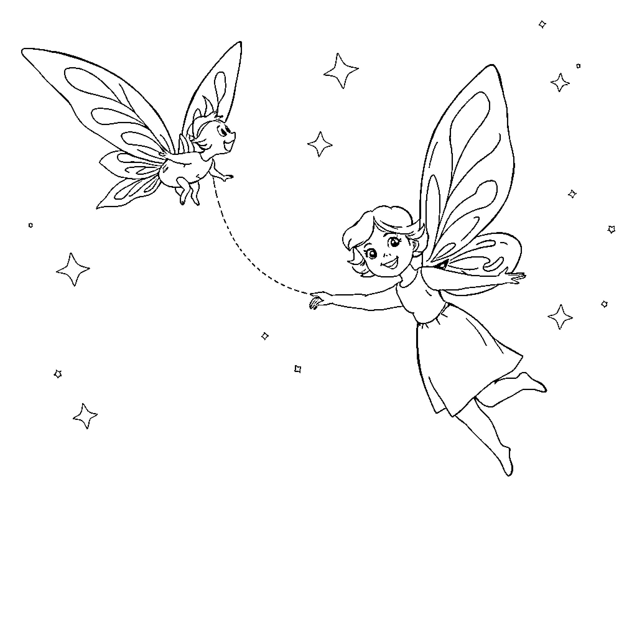 Tooth Fairy Fairies Dancing Among the Stars Coloring Page (free black-and-white line drawing printable PDF for all, from beginners to advanced learners, including children, teens, adults, and seniors)
