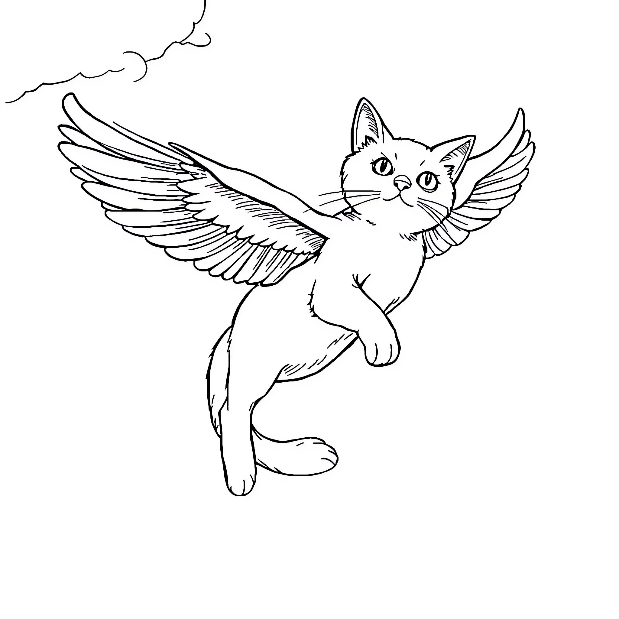 Chat of a winged feline in flight Coloring Page (free black-and-white line drawing printable PDF for all, from beginners to advanced learners, including children, teens, adults, and seniors)