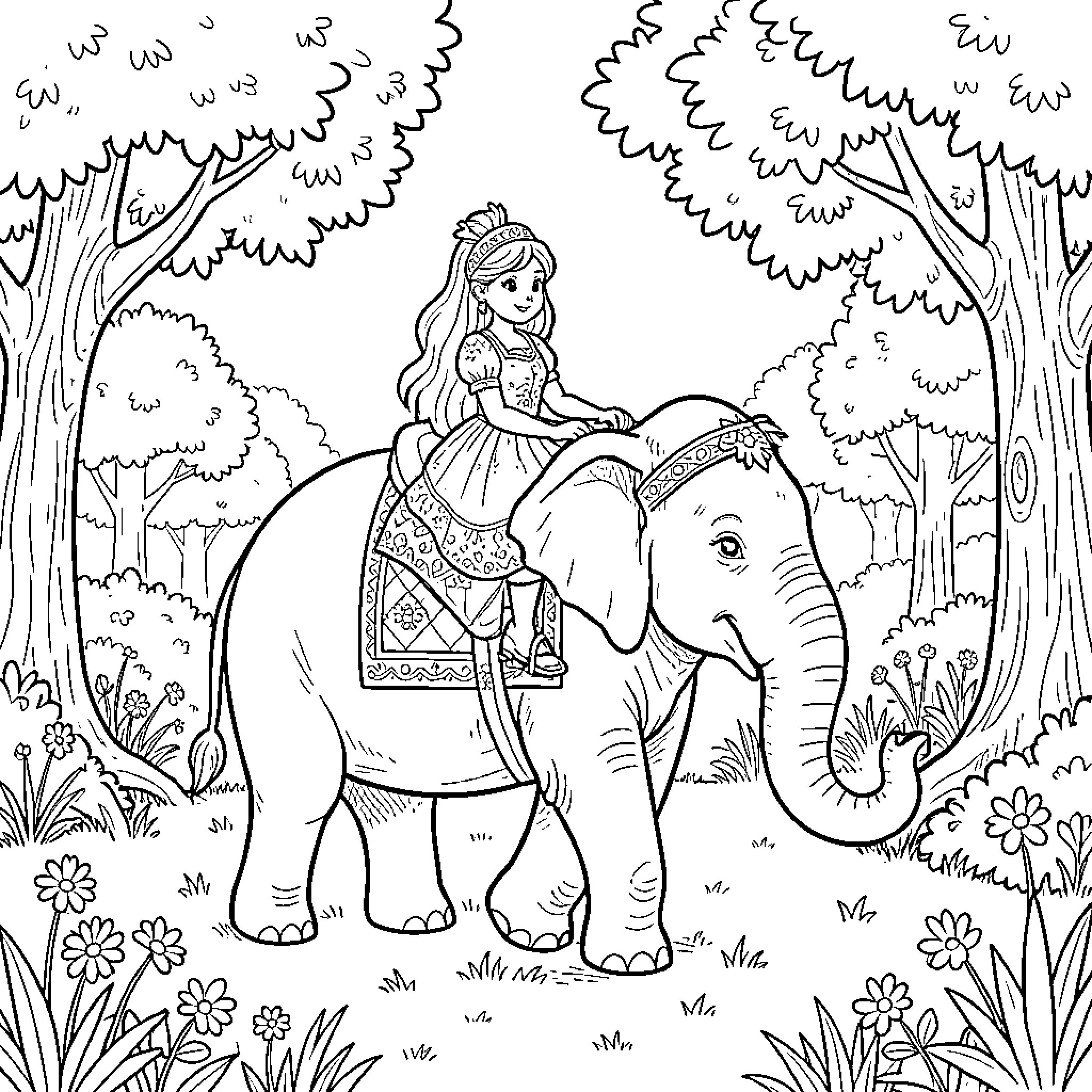 Princess riding an elephant through a lush forest Coloring Page (free black-and-white line drawing printable PDF for all, from beginners to advanced learners, including children, teens, adults, and seniors)