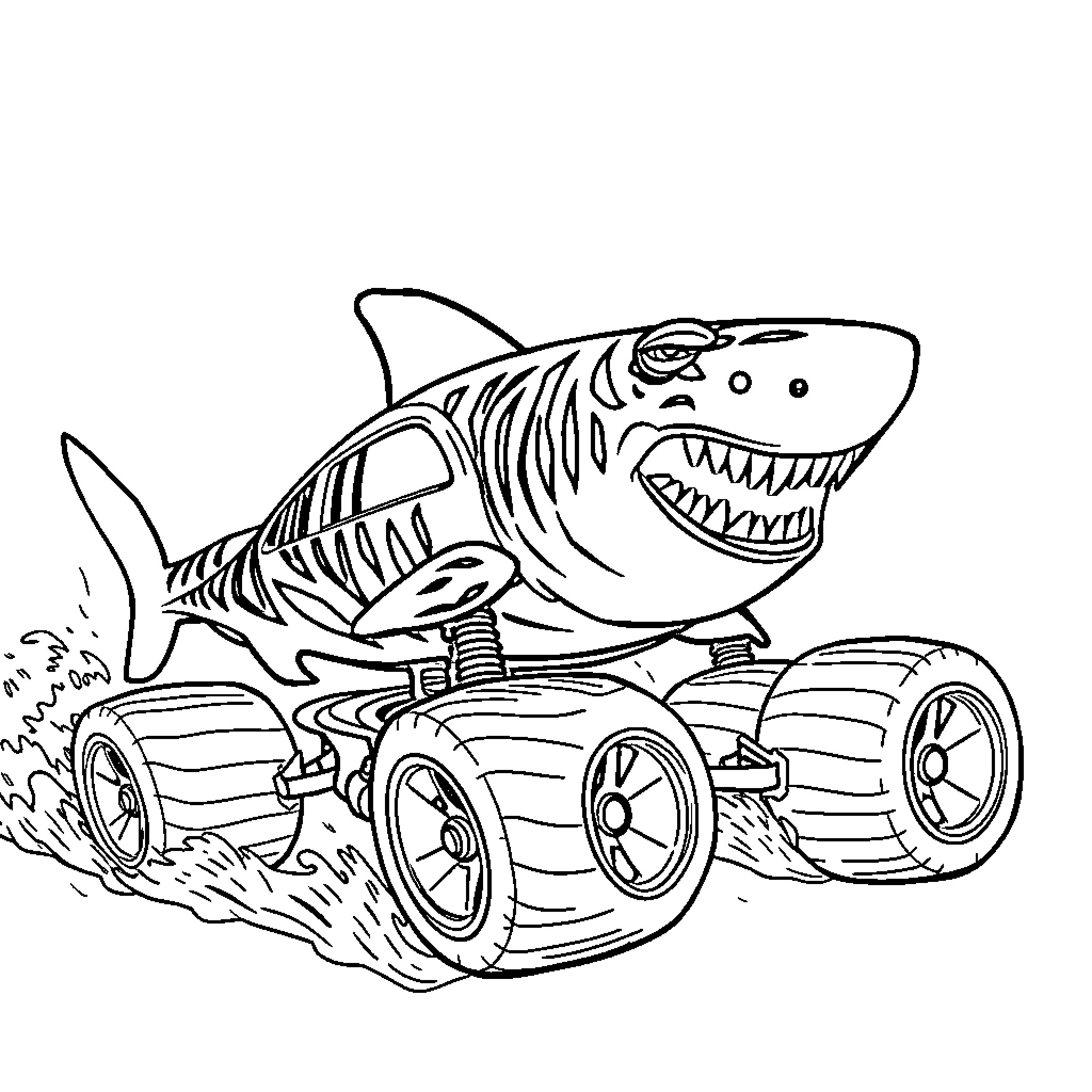 Tiger Shark riding on monster truck Coloring Page (free black-and-white line drawing printable PDF for all, from beginners to advanced learners, including children, teens, adults, and seniors)