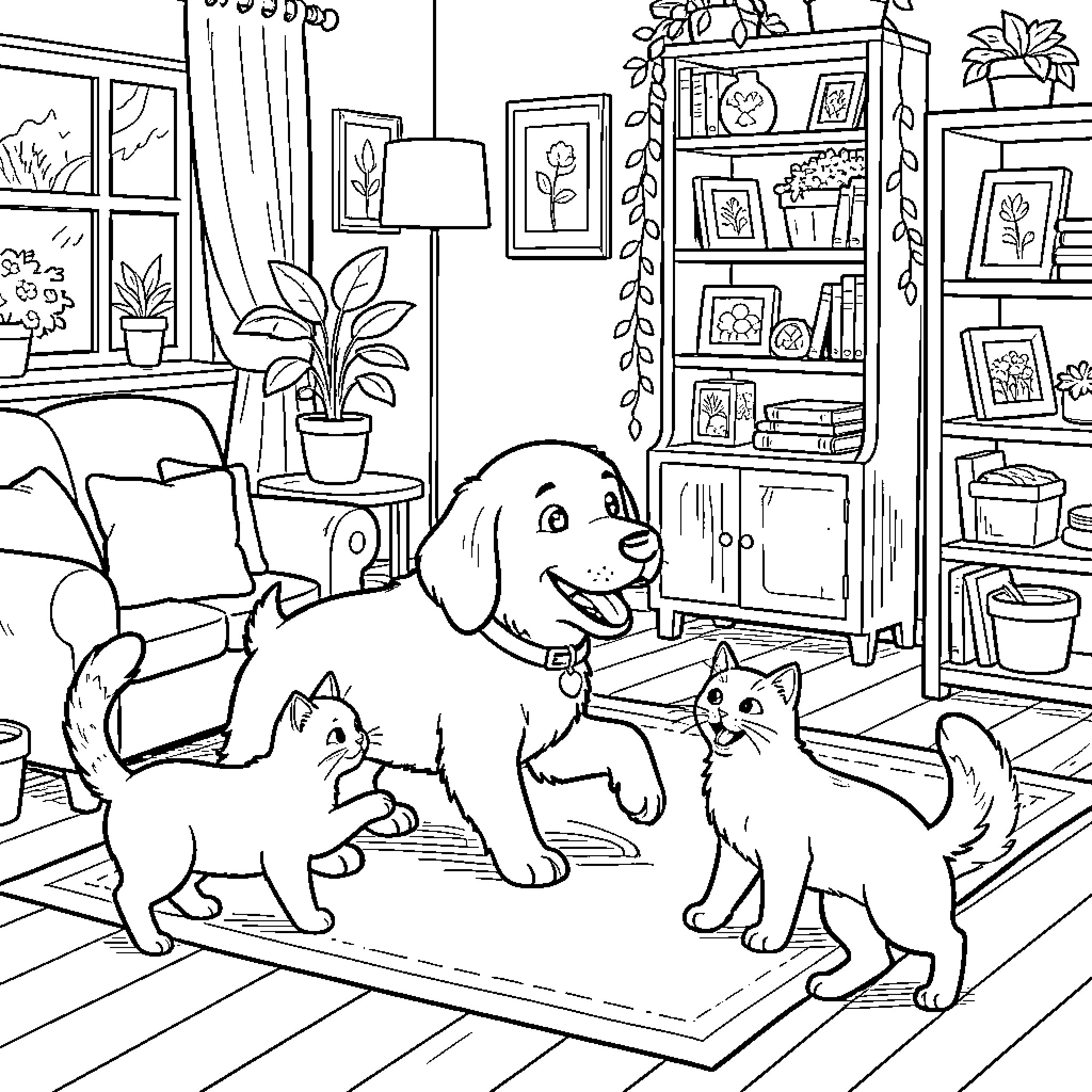 Dog and Cat Enjoying Cozy Home Together Coloring Page (free black-and-white line drawing printable PDF for all, from beginners to advanced learners, including children, teens, adults, and seniors)