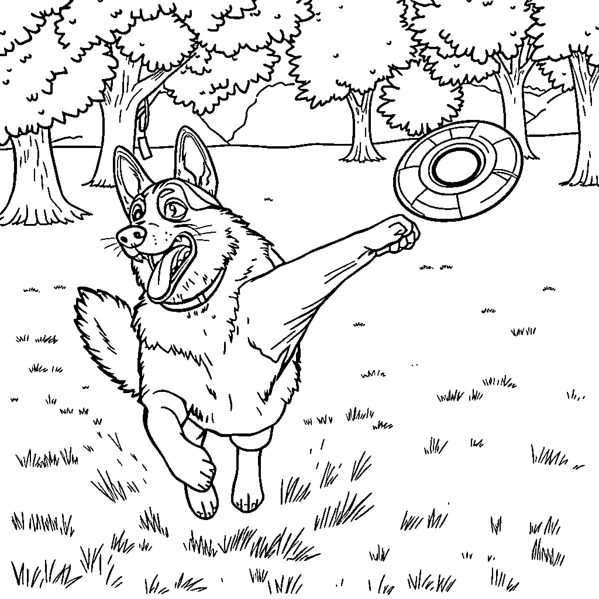 German Shepherd Playing Frisbee in the Forest Coloring Page (free black-and-white line drawing printable PDF for all, from beginners to advanced learners, including children, teens, adults, and seniors)