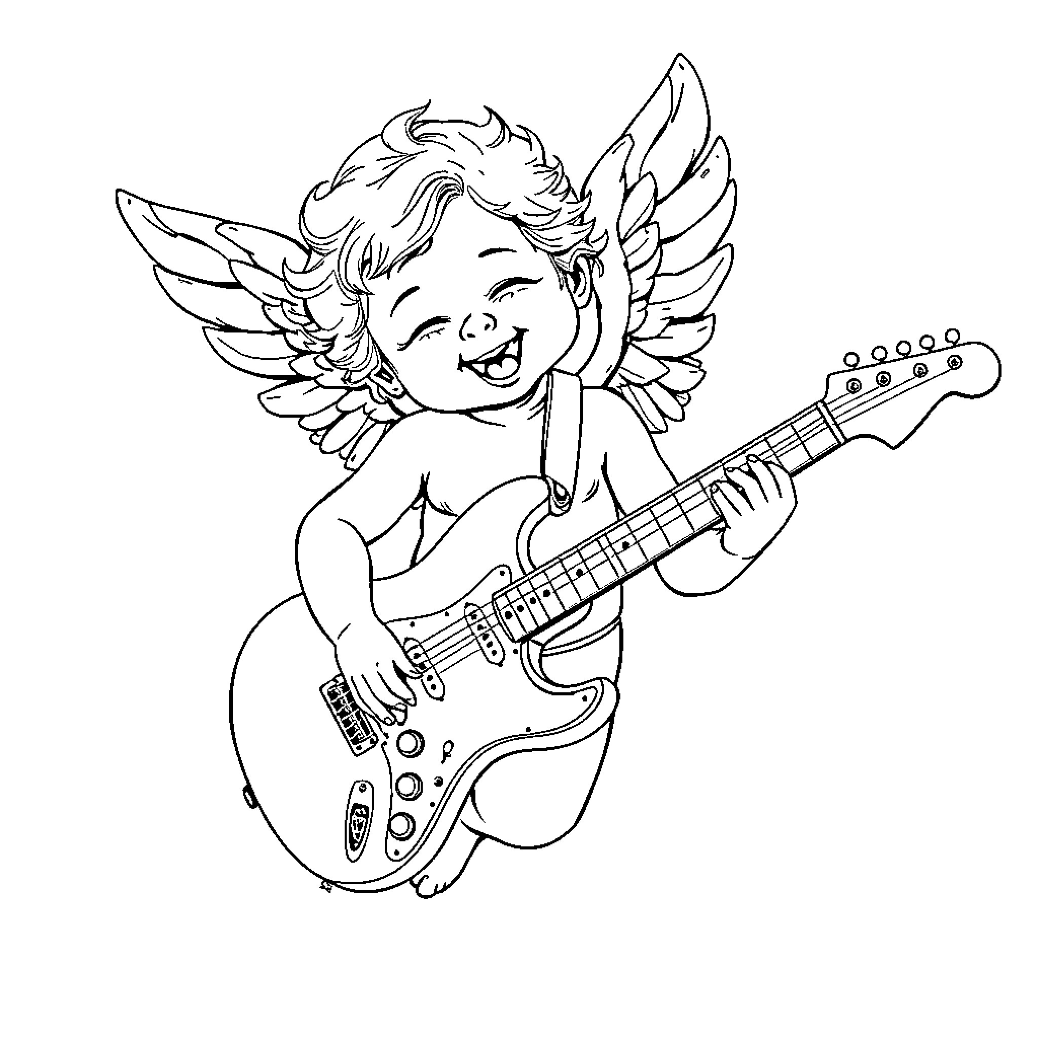 Cherub Playing a Guitar with Enthusiasm Coloring Page (free black-and-white line drawing printable PDF for all, from beginners to advanced learners, including children, teens, adults, and seniors)
