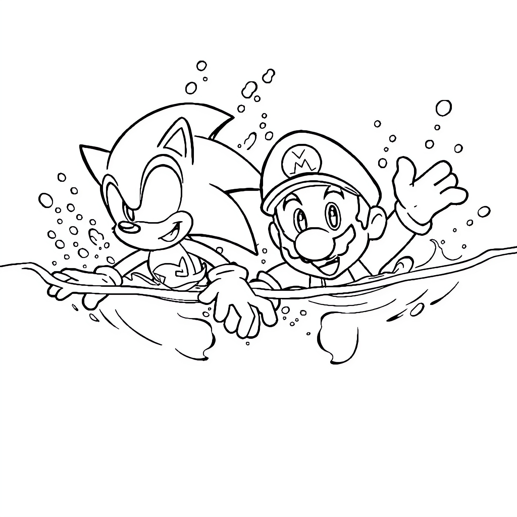 Sonic and Mario swimming underwater Coloring Page (free black-and-white line drawing printable PDF for all, from beginners to advanced learners, including children, teens, adults, and seniors)