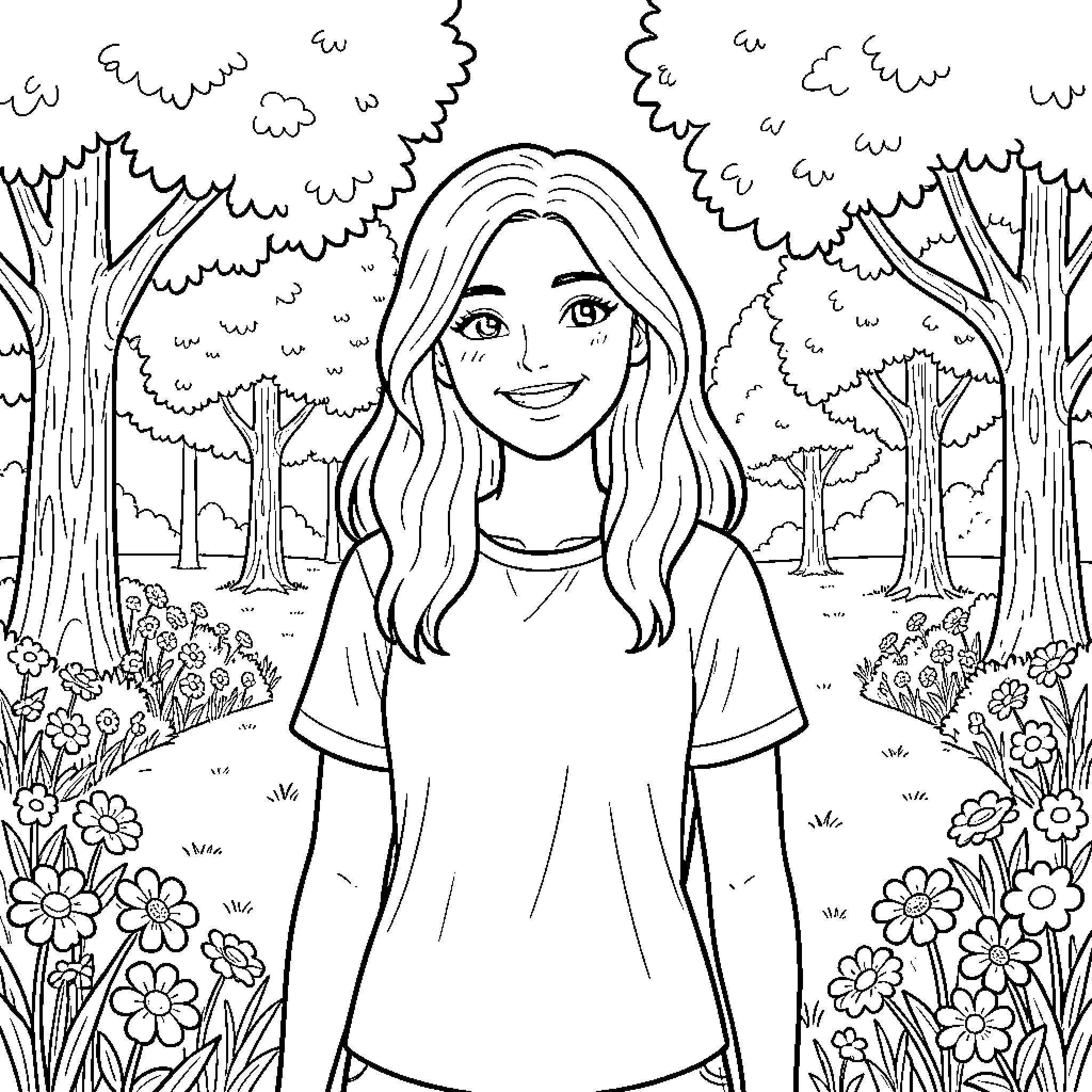 Raquel smiling warmly in a lush forest setting Coloring Page (free black-and-white line drawing printable PDF for all, from beginners to advanced learners, including children, teens, adults, and seniors)