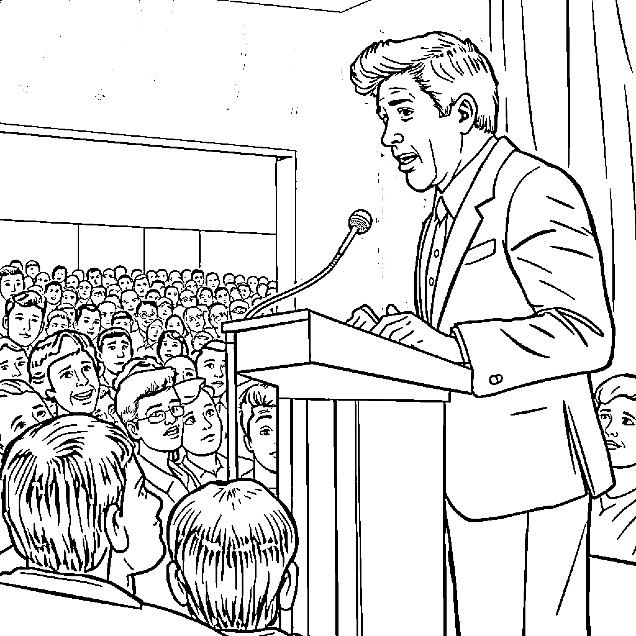 Charlie Kirk Addressing Passionate Audience at a Political Event Coloring Page (free black-and-white line drawing printable PDF for all, from beginners to advanced learners, including children, teens, adults, and seniors)