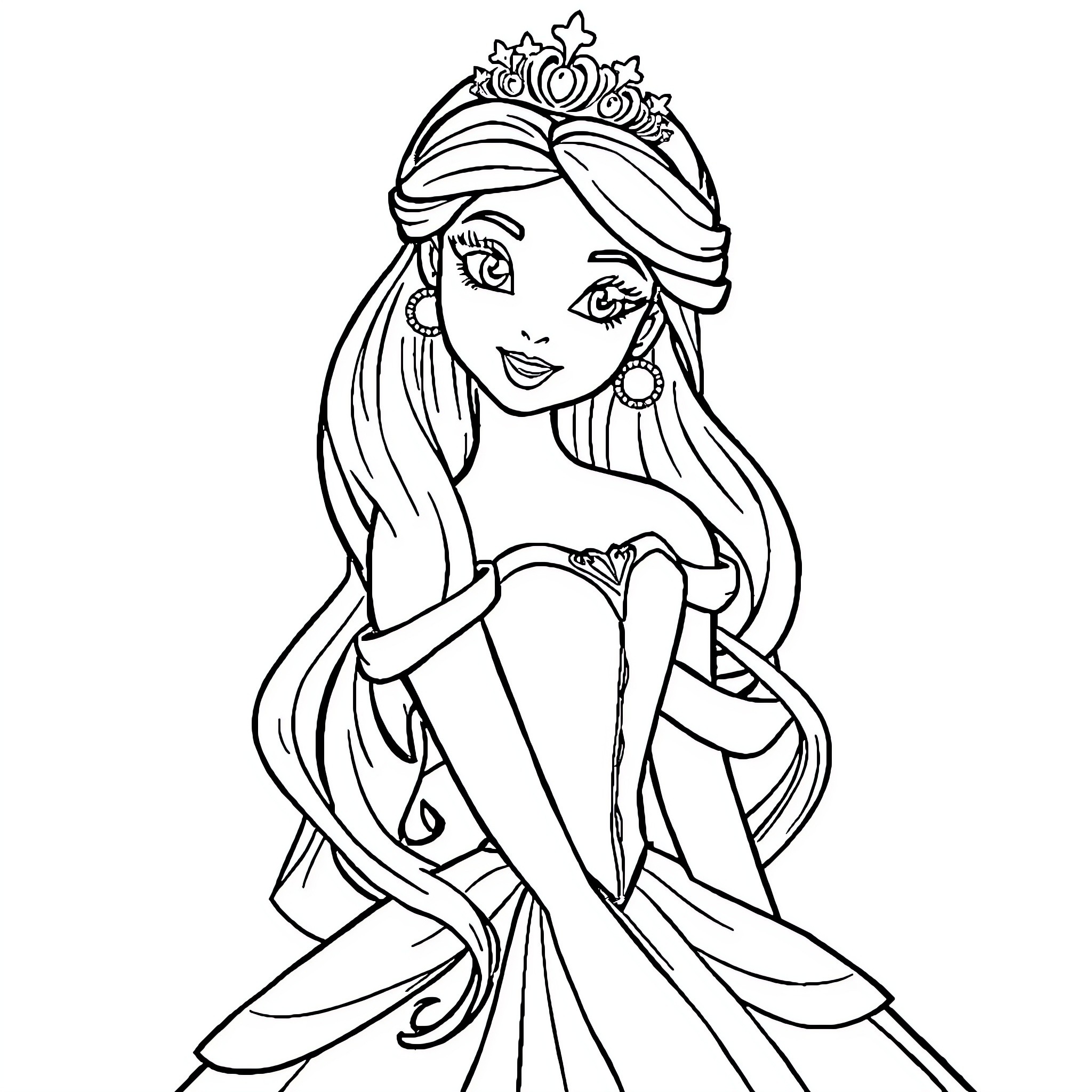 Disney Princess in Elegant Ballgown Dress Coloring Page (free black-and-white line drawing printable PDF for all, from beginners to advanced learners, including children, teens, adults, and seniors)