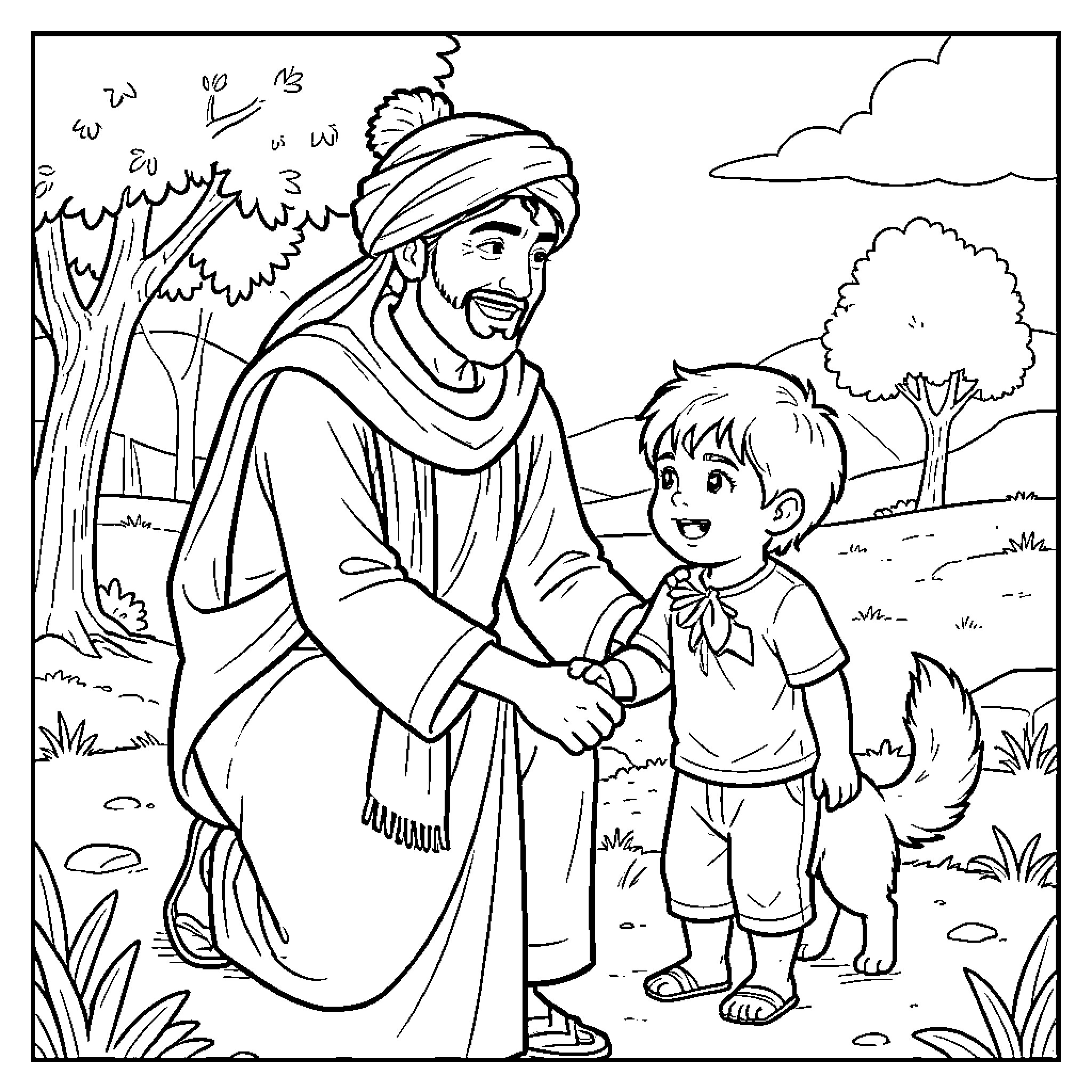 Bola man shaking hands with a happy child Coloring Page (free black-and-white line drawing printable PDF for all, from beginners to advanced learners, including children, teens, adults, and seniors)