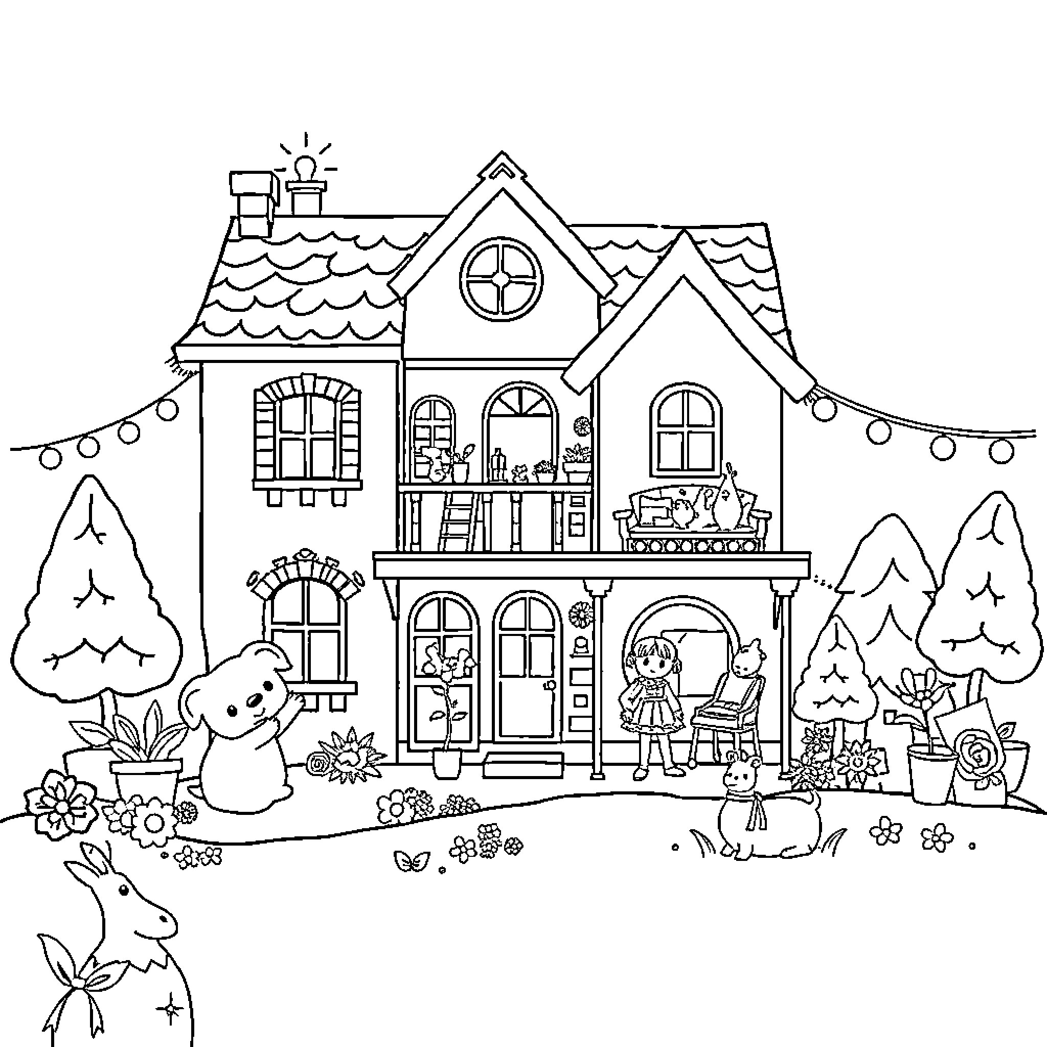 Gabby's Dollhouse with Cheerful Characters and Scenes Coloring Page (free black-and-white line drawing printable PDF for all, from beginners to advanced learners, including children, teens, adults, and seniors)