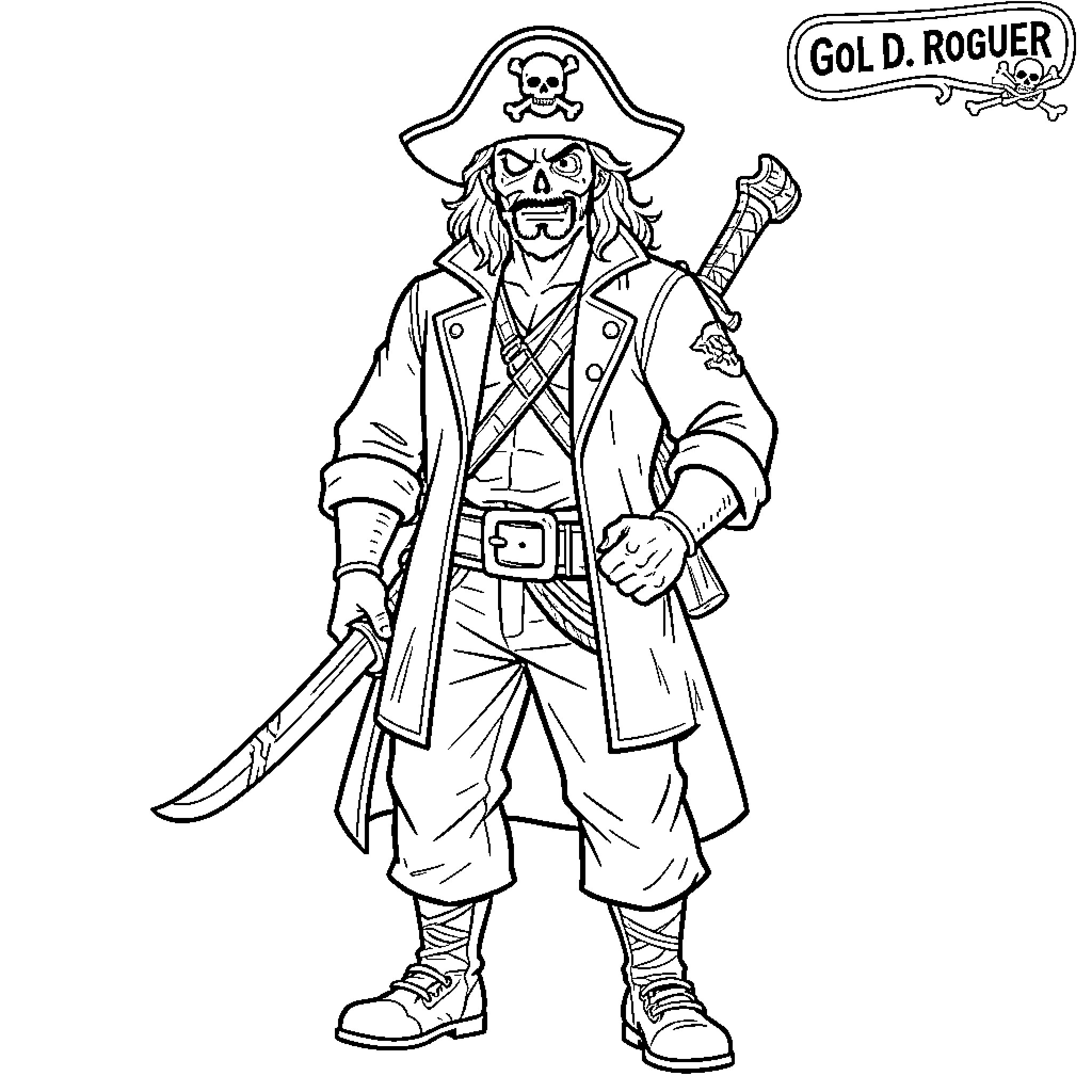 Gold Ruger pirate standing with sword and hat Coloring Page (free black-and-white line drawing printable PDF for all, from beginners to advanced learners, including children, teens, adults, and seniors)