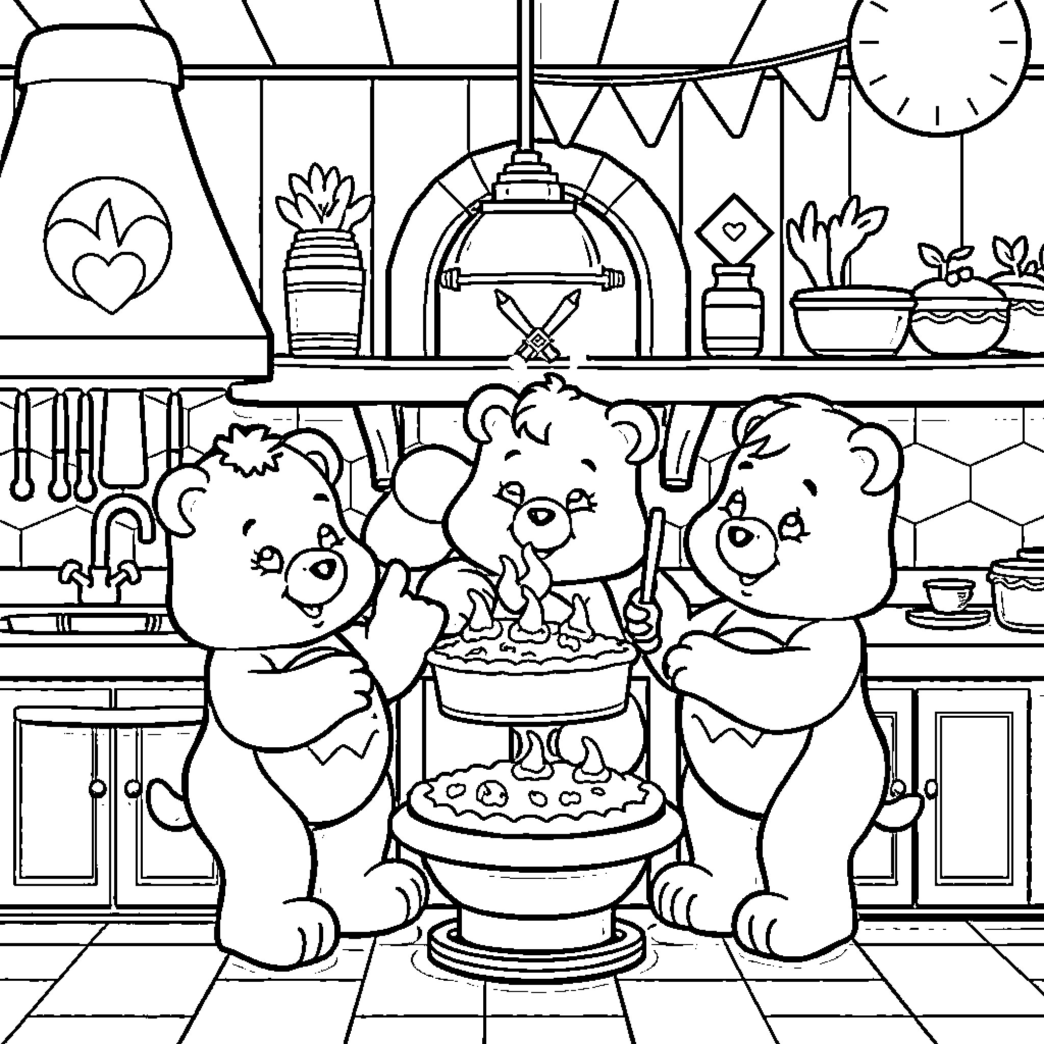 Care Bears Celebrate Birthday with Cake Coloring Page (free black-and-white line drawing printable PDF for all, from beginners to advanced learners, including children, teens, adults, and seniors)
